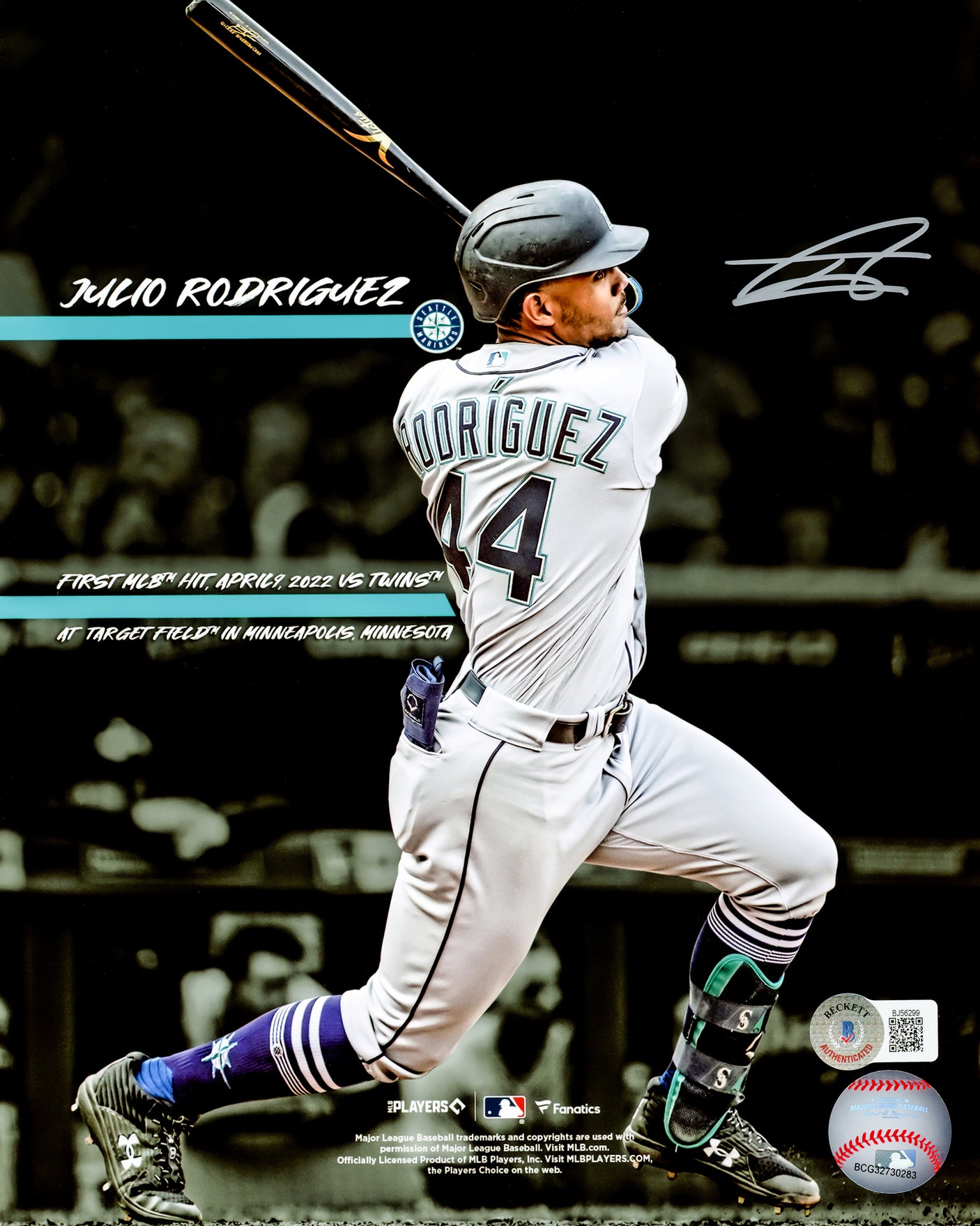 Julio Rodriguez Autographed Framed 8x10 Photo Seattle Mariners 1st Career MLB Hit Beckett BAS QR Stock #230198