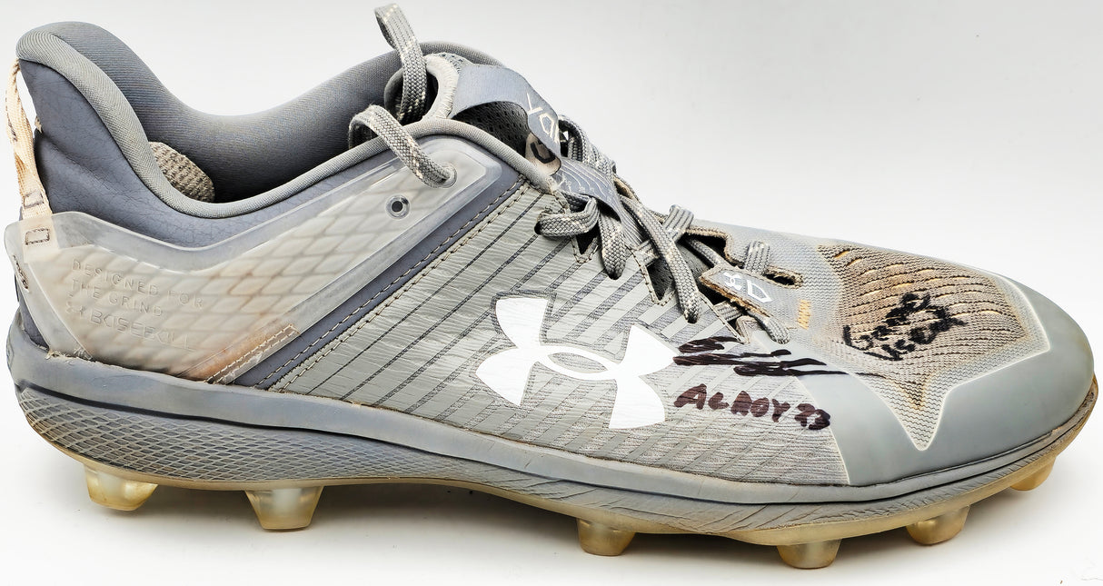 Gunnar Henderson Autographed Grey Under Armour Yard MT Game Used Rookie Cleats Baltimore Orioles "AL ROY 23 Game Used" Dual Signed Beckett BAS QR #1W492691 & #1W492692