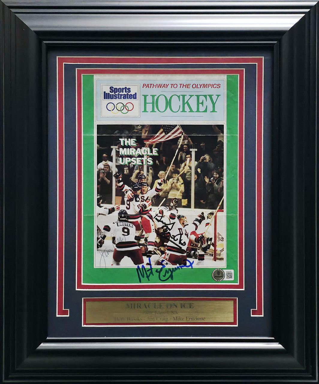 Herb Brooks, Jim Craig & Mike Eruzione Autographed Framed 8.5x11 Sports Illustrated Cover 1980 Team USA Miracle On Ice Beckett BAS #AE08276