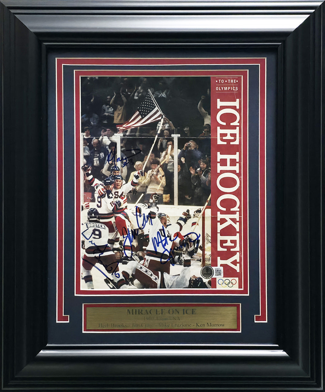 Herb Brooks, Jim Craig & Mike Eruzione Autographed Framed 8.5x11 Magazine Page Cover 1980 Team USA Miracle On Ice Beckett BAS #AE08277