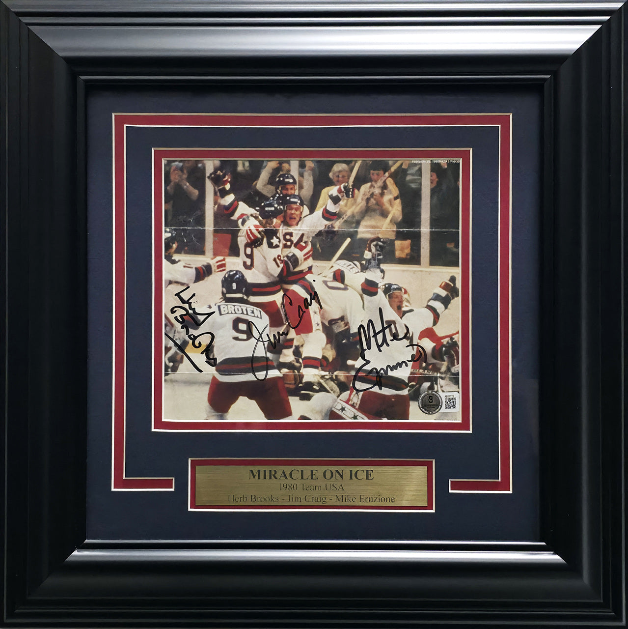 Herb Brooks, Jim Craig & Mike Eruzione Autographed Framed 7x8 Magazine Page Photo 1980 Team USA Miracle On Ice Beckett BAS #AE08273
