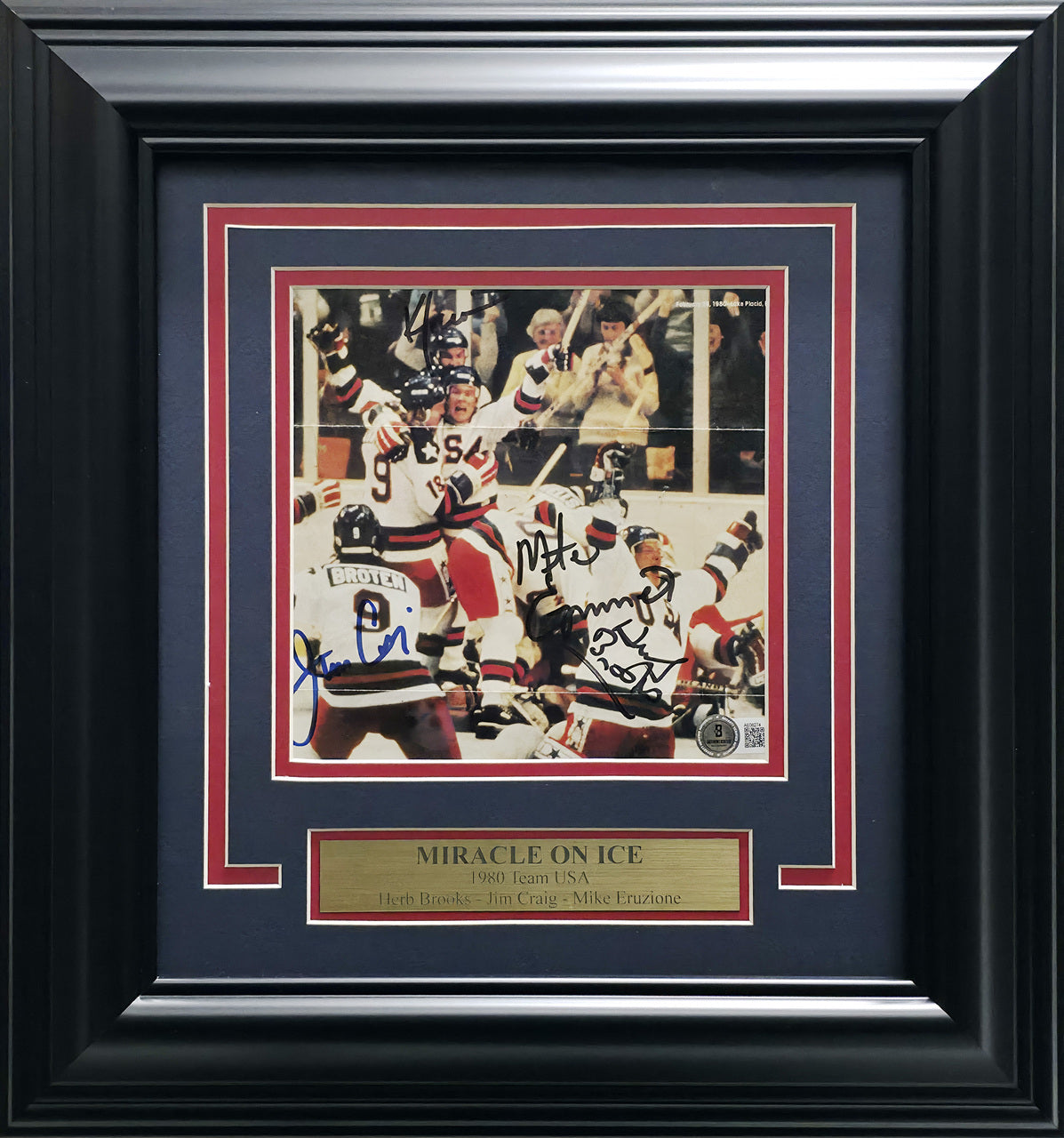 Herb Brooks, Jim Craig & Mike Eruzione Autographed Framed 7x7.5 Magazine Page Photo 1980 Team USA Miracle On Ice Beckett BAS #AE08274