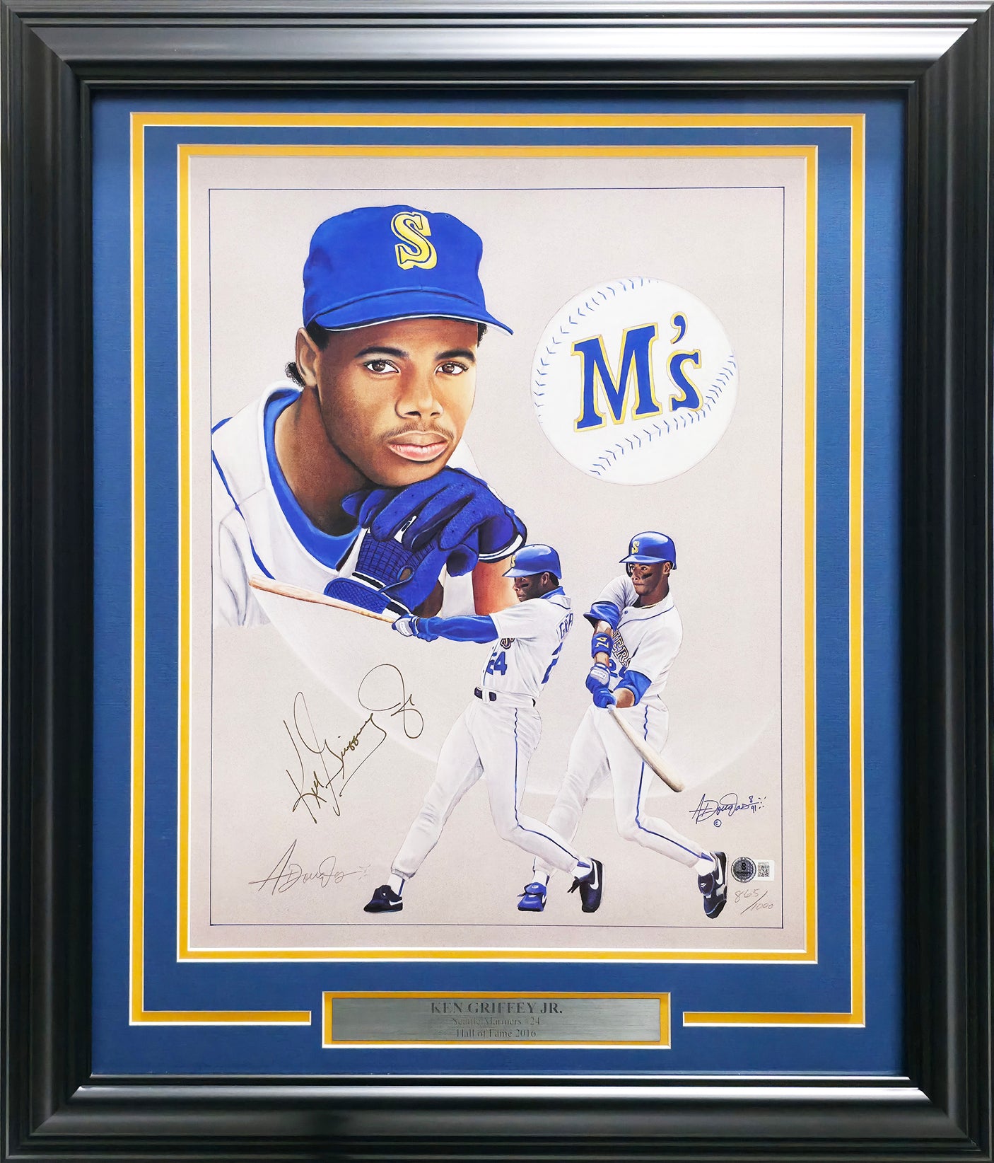 Ken Griffey Jr. Autographed Framed 16x20 Lithograph Photo Seattle Mariners #865/1000 Beckett BAS QR #BP55377