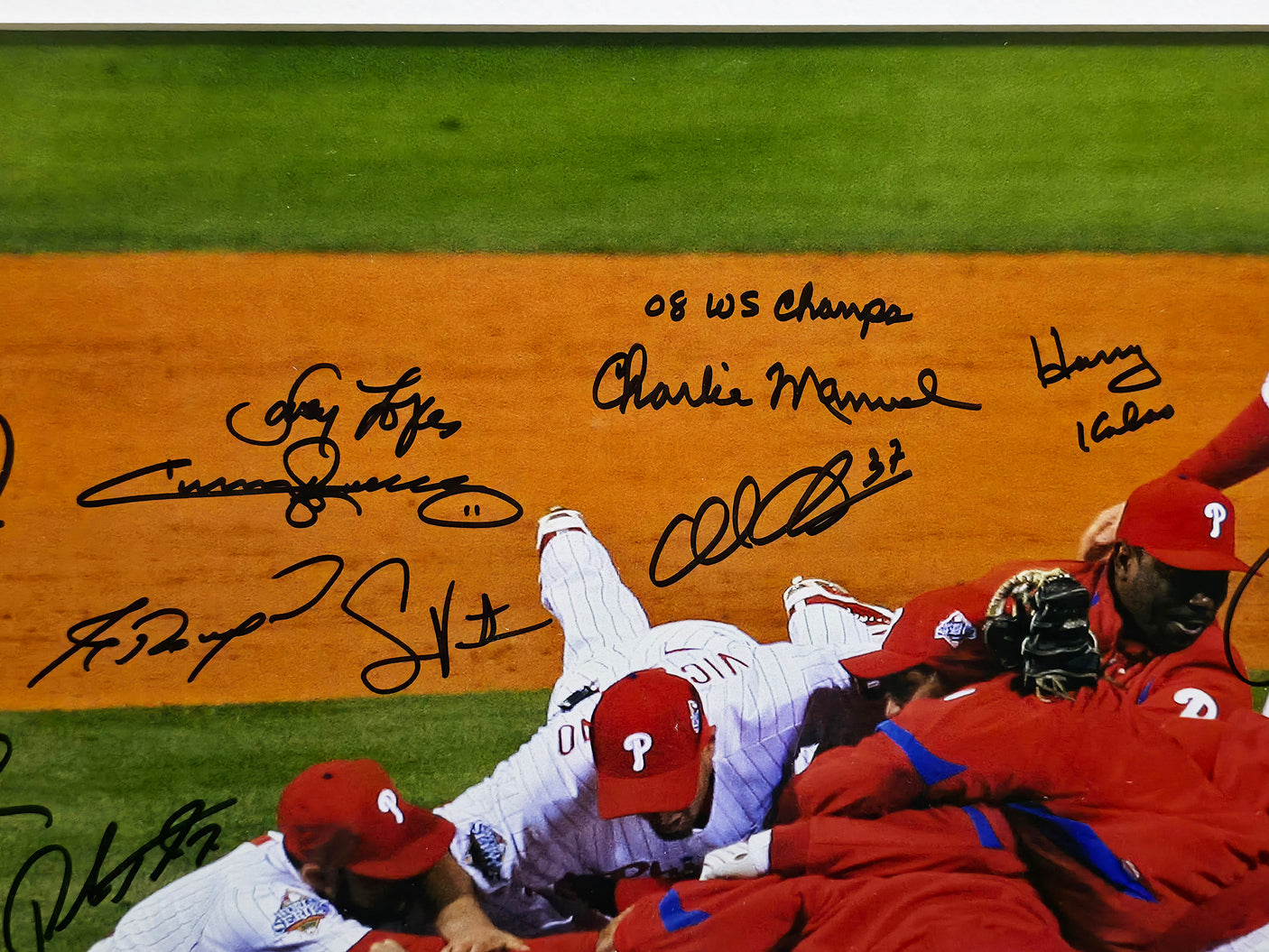 2008 World Series Champion Philadelphia Phillies Team Autographed Framed 16x20 Photo With 21 Signatures Including Cole Hamels MLB Holo #LH230006