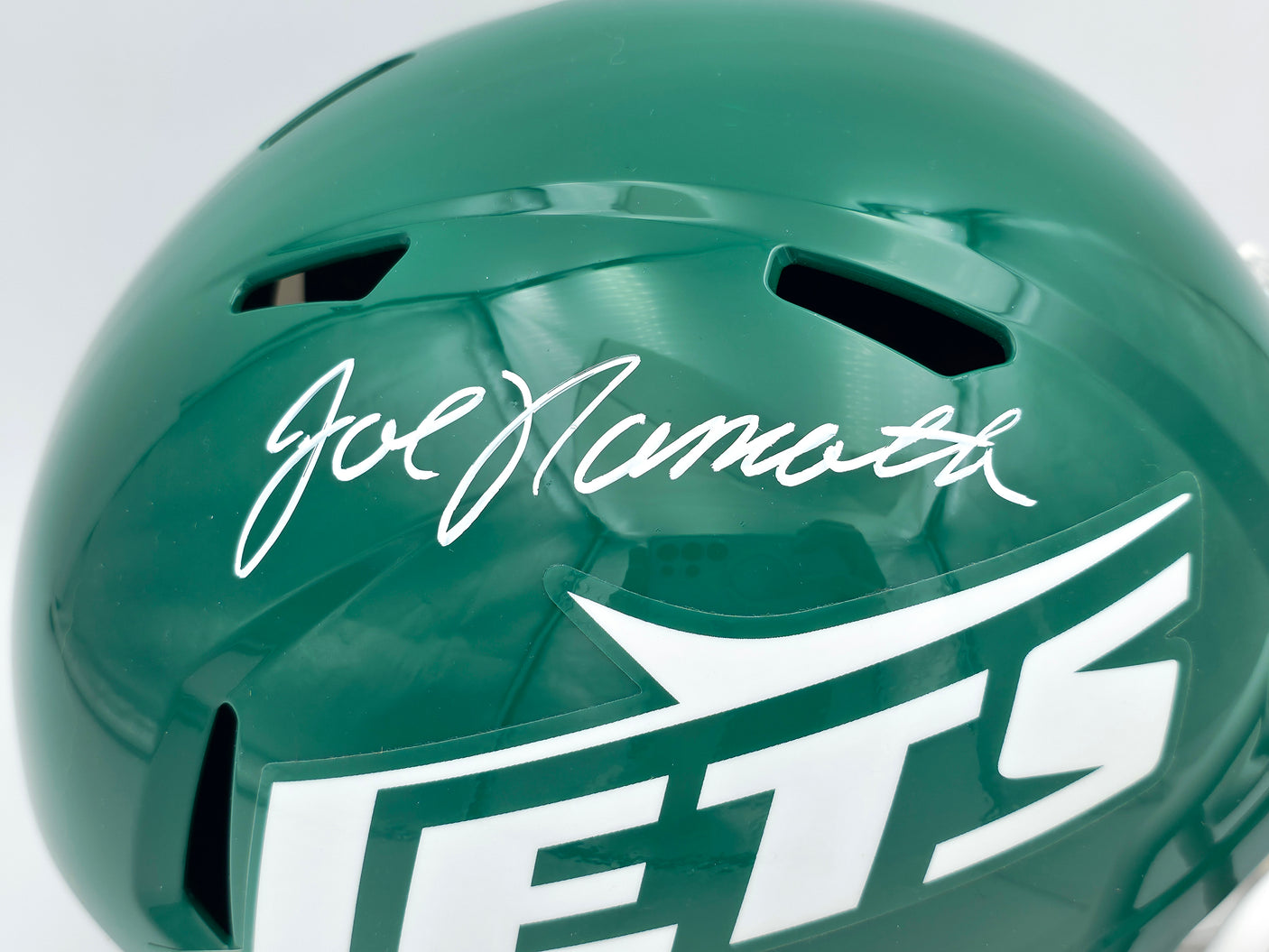 Joe Namath Autographed New York Jets 1978-89 Throwback Green Full Size Speed Replica Helmet PSA/DNA Stock #243281
