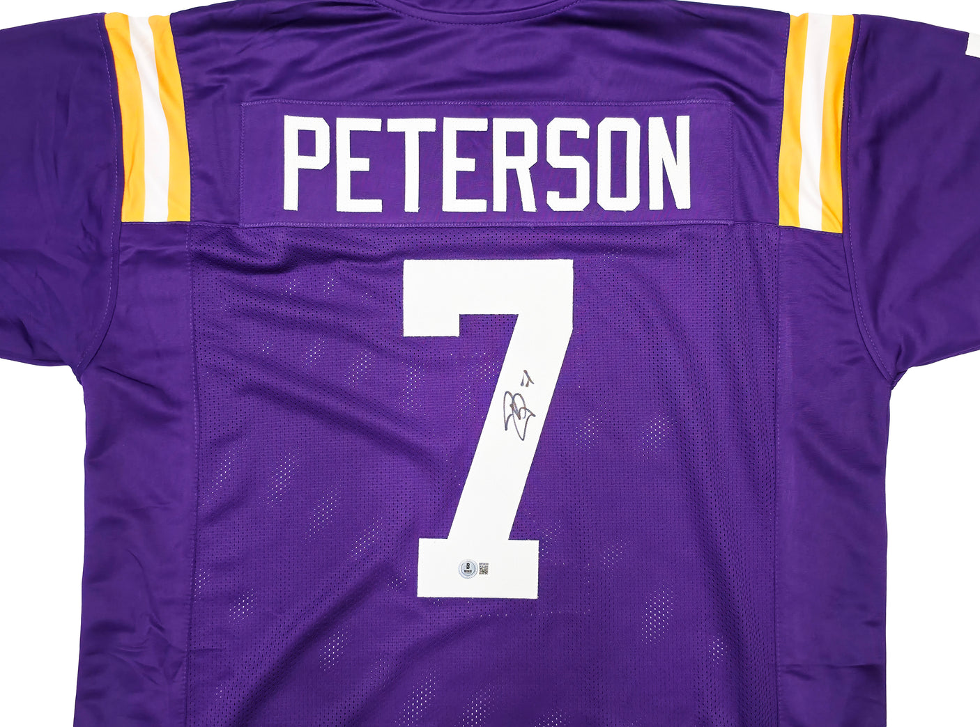 LSU Tigers Patrick Peterson Autographed Purple Jersey Beckett BAS Witness Stock #243598