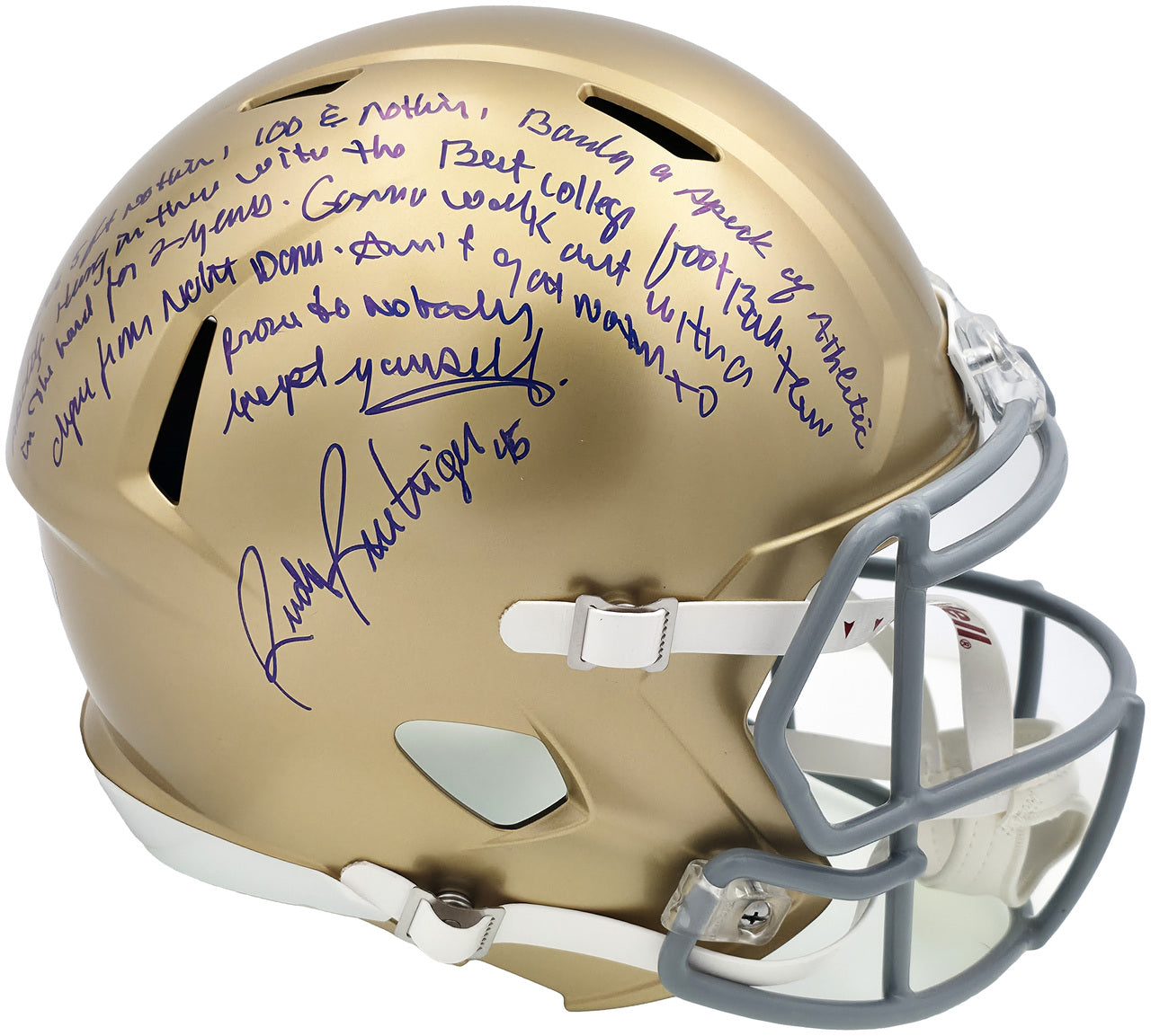 Rudy Ruettiger Autographed Notre Dame Fighting Irish Gold Full Size Replica Speed Helmet Full Movie Speech Beckett BAS Witness Stock #243661