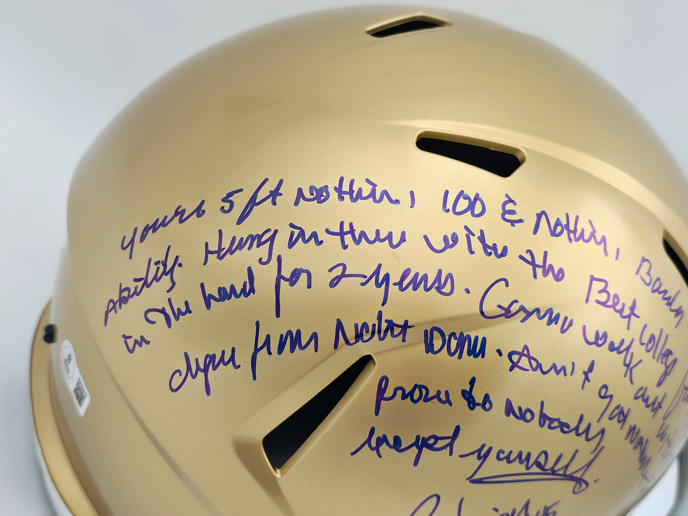 Rudy Ruettiger Autographed Notre Dame Fighting Irish Gold Full Size Replica Speed Helmet Full Movie Speech Beckett BAS Witness Stock #243661