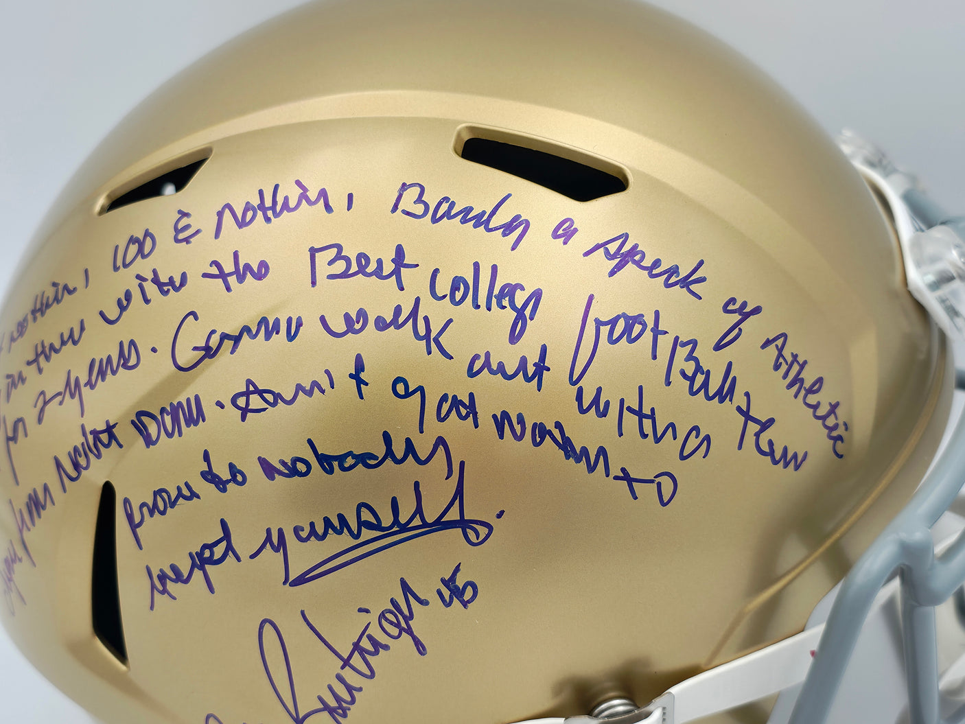 Rudy Ruettiger Autographed Notre Dame Fighting Irish Gold Full Size Replica Speed Helmet Full Movie Speech Beckett BAS Witness Stock #243661