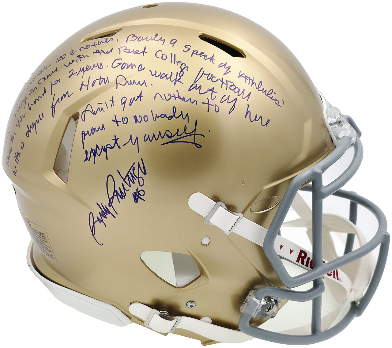 Rudy Ruettiger Autographed Notre Dame Fighting Irish Gold Full Size Authentic Speed Helmet Full Movie Speech Beckett BAS Witness Stock #243660