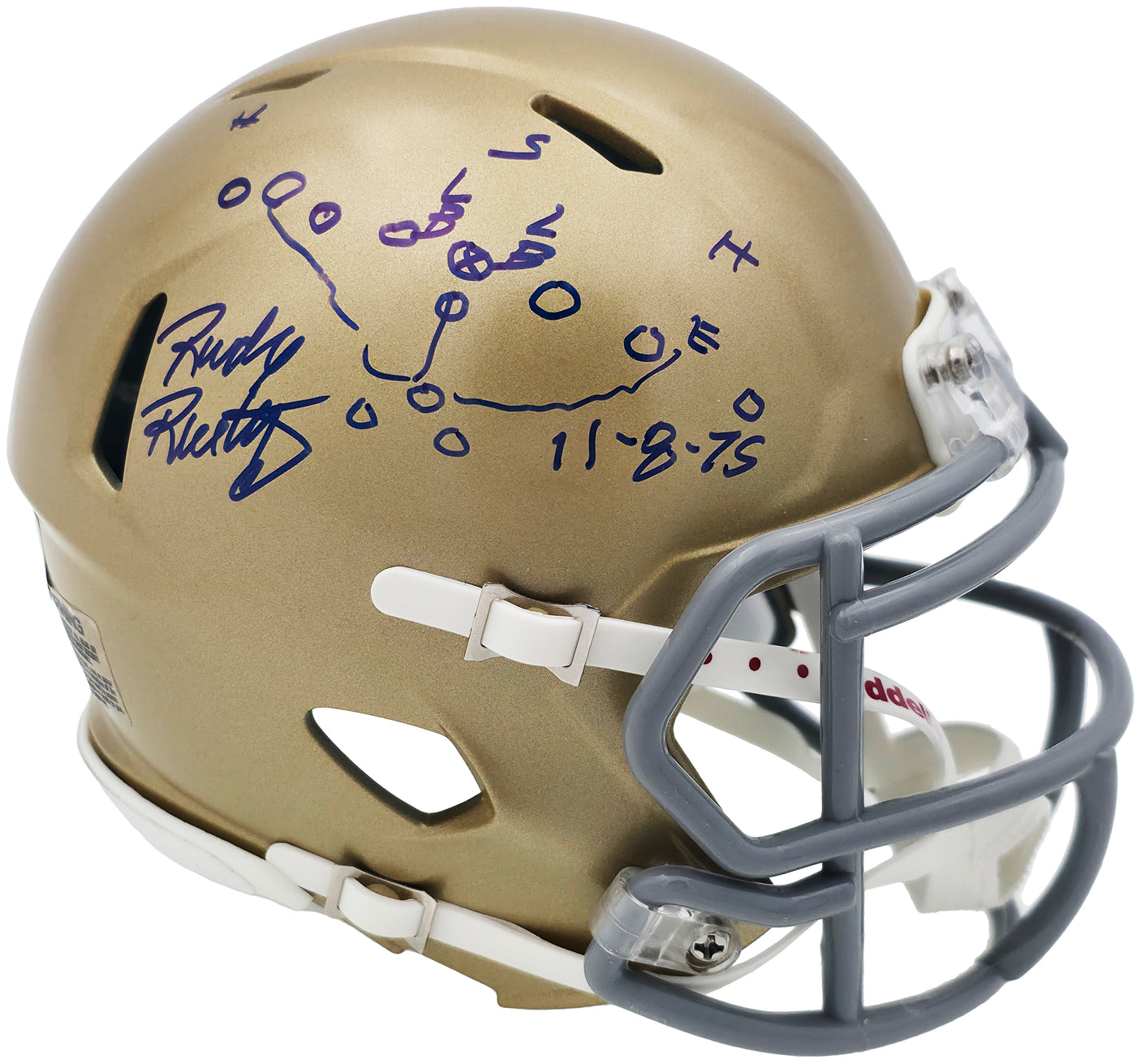 Rudy Ruettiger Autographed Notre Dame Fighting Irish Gold Speed Mini Helmet "Play Sketch" Beckett BAS Witness Stock #244039