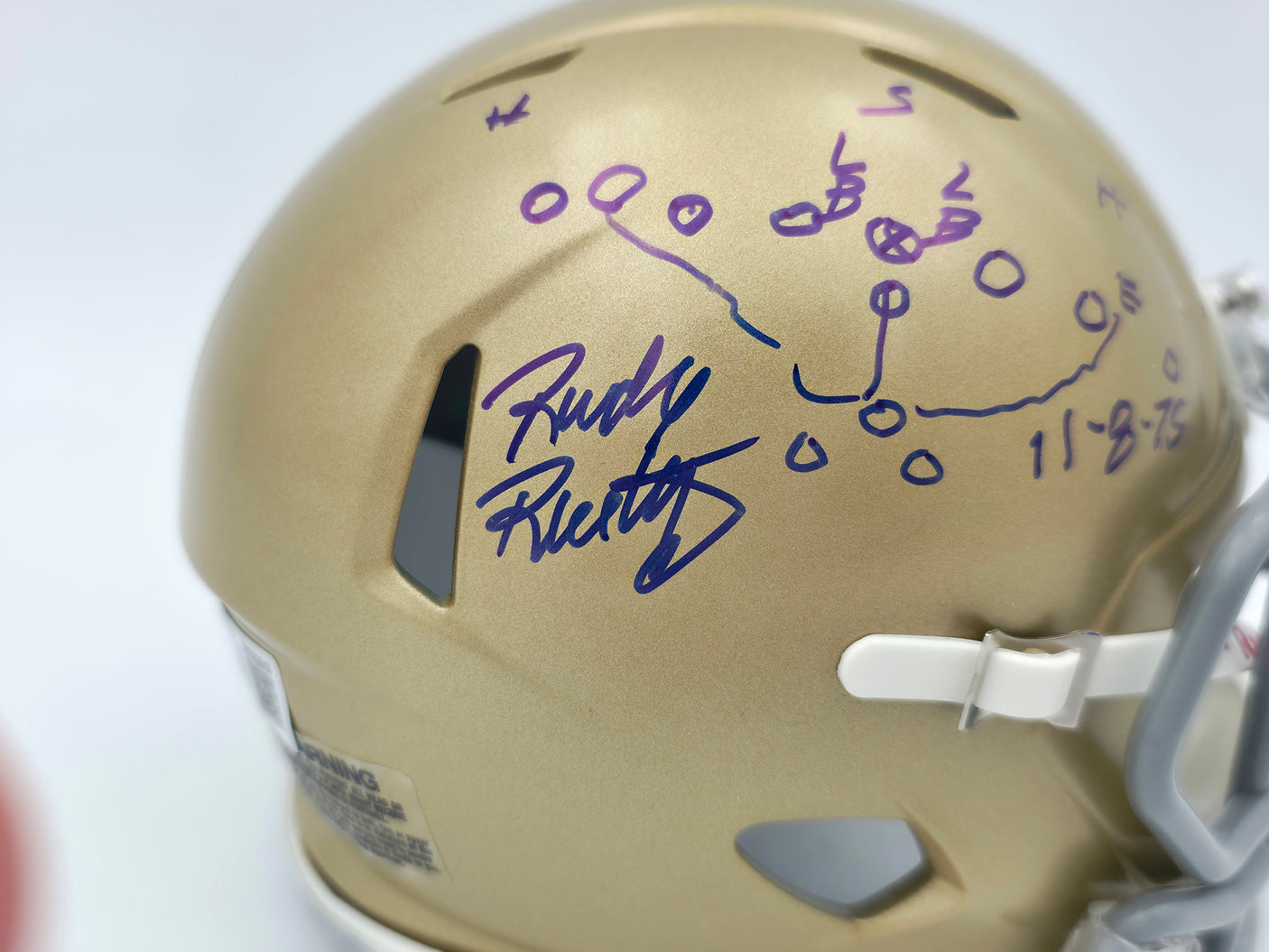Rudy Ruettiger Autographed Notre Dame Fighting Irish Gold Speed Mini Helmet "Play Sketch" Beckett BAS Witness Stock #244039