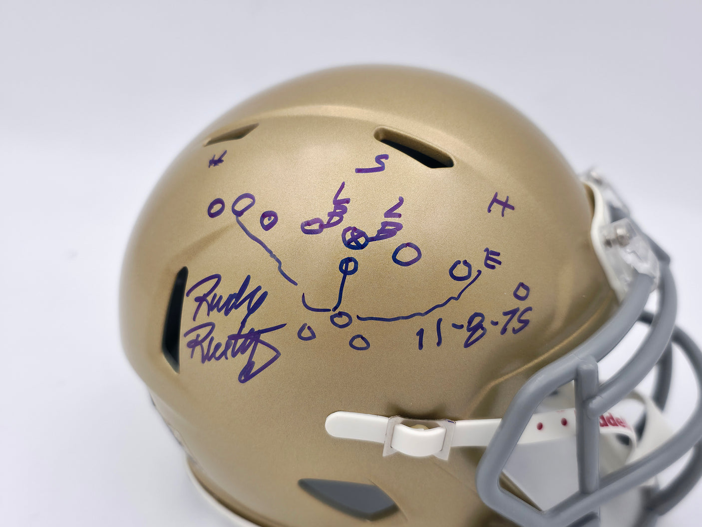Rudy Ruettiger Autographed Notre Dame Fighting Irish Gold Speed Mini Helmet "Play Sketch" Beckett BAS Witness Stock #244039