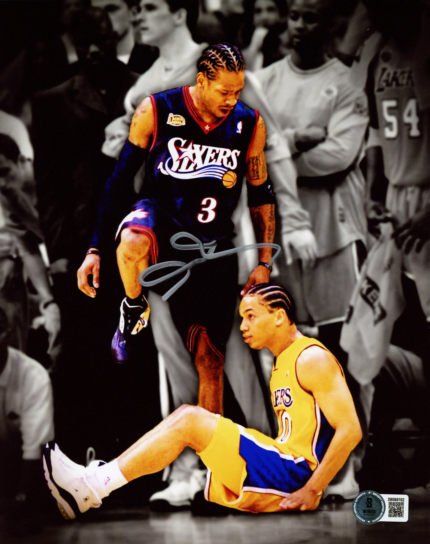Allen Iverson Autographed 8x10 Photo Philadelphia 76ers Step Over vs. Tyronn Lue (Los Angeles Lakers) Beckett BAS Witness Stock #243615