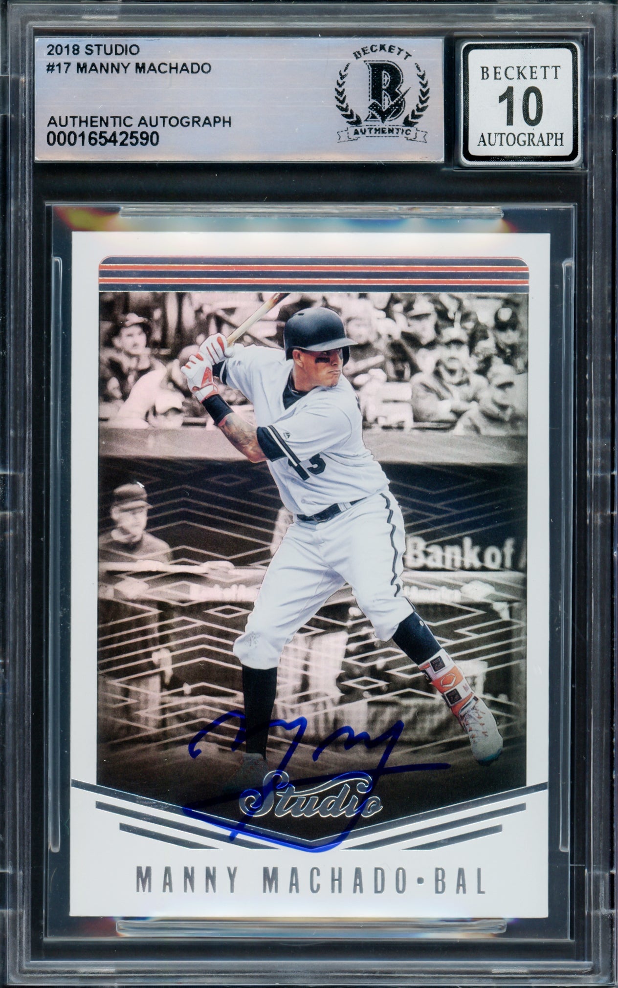 Manny Machado Autographed 2018 Panini Studio Card #17 Baltimore Orioles Auto Grade Gem Mint 10 Beckett BAS #16542590