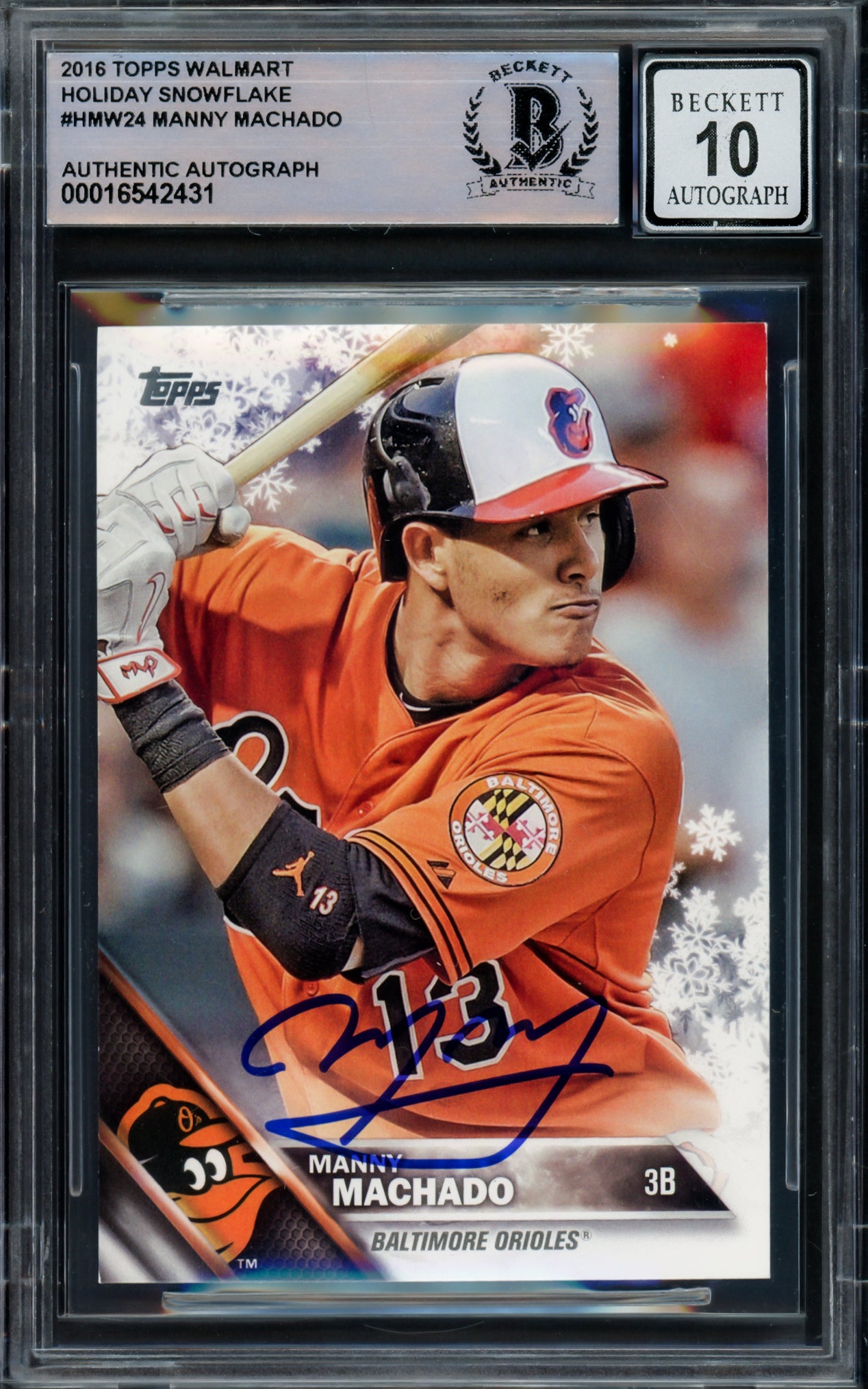 Manny Machado Autographed 2016 Topps Walmart Holiday Snowflake Card #HMW24 Baltimore Orioles Auto Grade Gem Mint 10 Beckett BAS #16542431