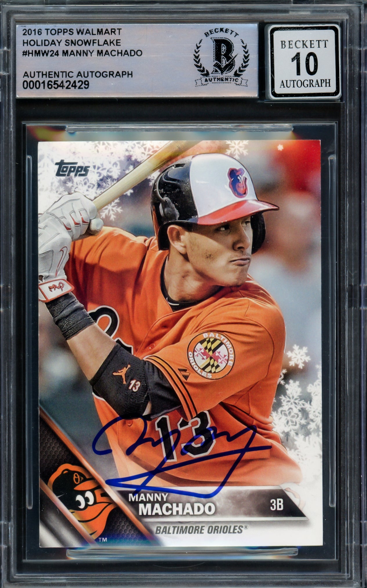Manny Machado Autographed 2016 Topps Walmart Holiday Snowflake Card #HMW24 Baltimore Orioles Auto Grade Gem Mint 10 Beckett BAS #16542429