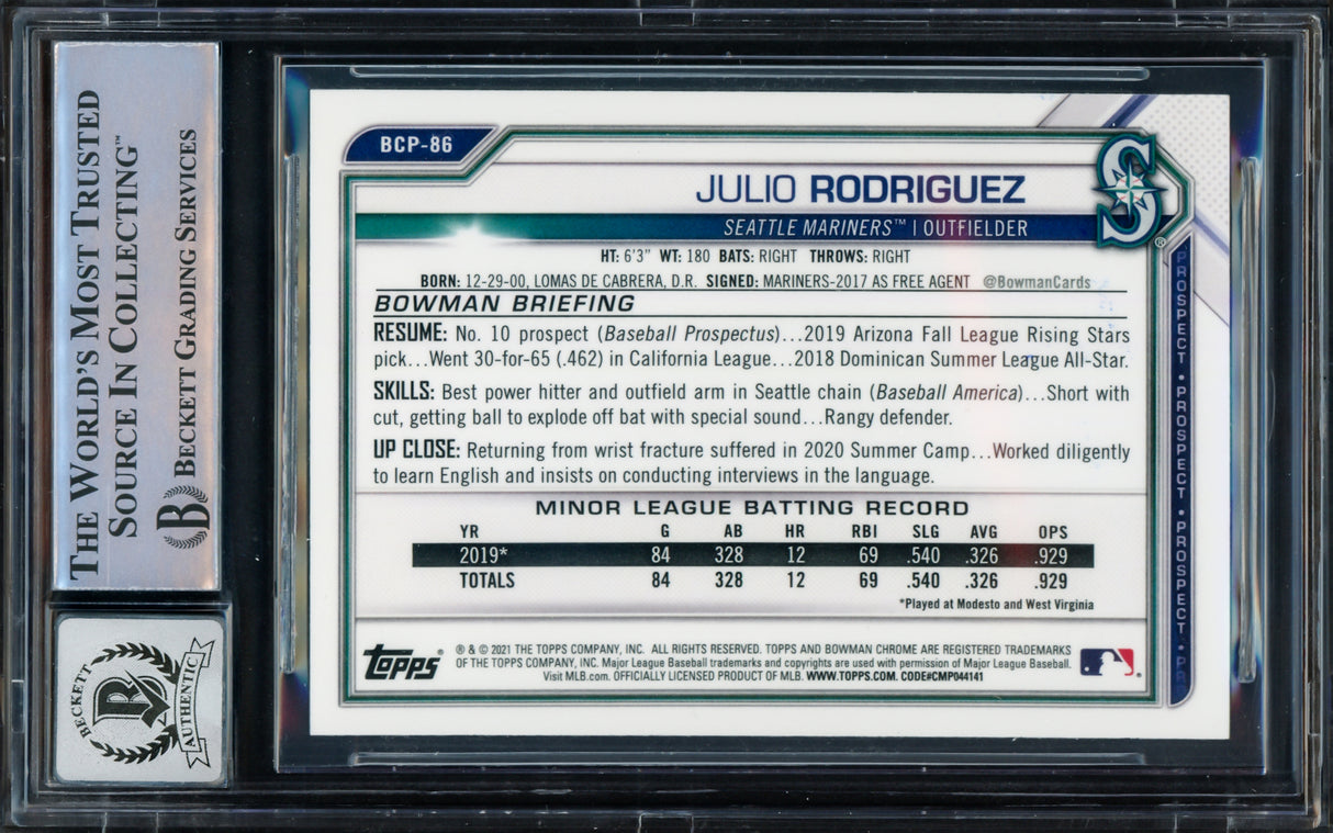 Julio Rodriguez Autographed 2021 Bowman Chrome Prospects Rookie Card #BCP86 Seattle Mariners Auto Grade Gem Mint 10 Beckett BAS #16543848