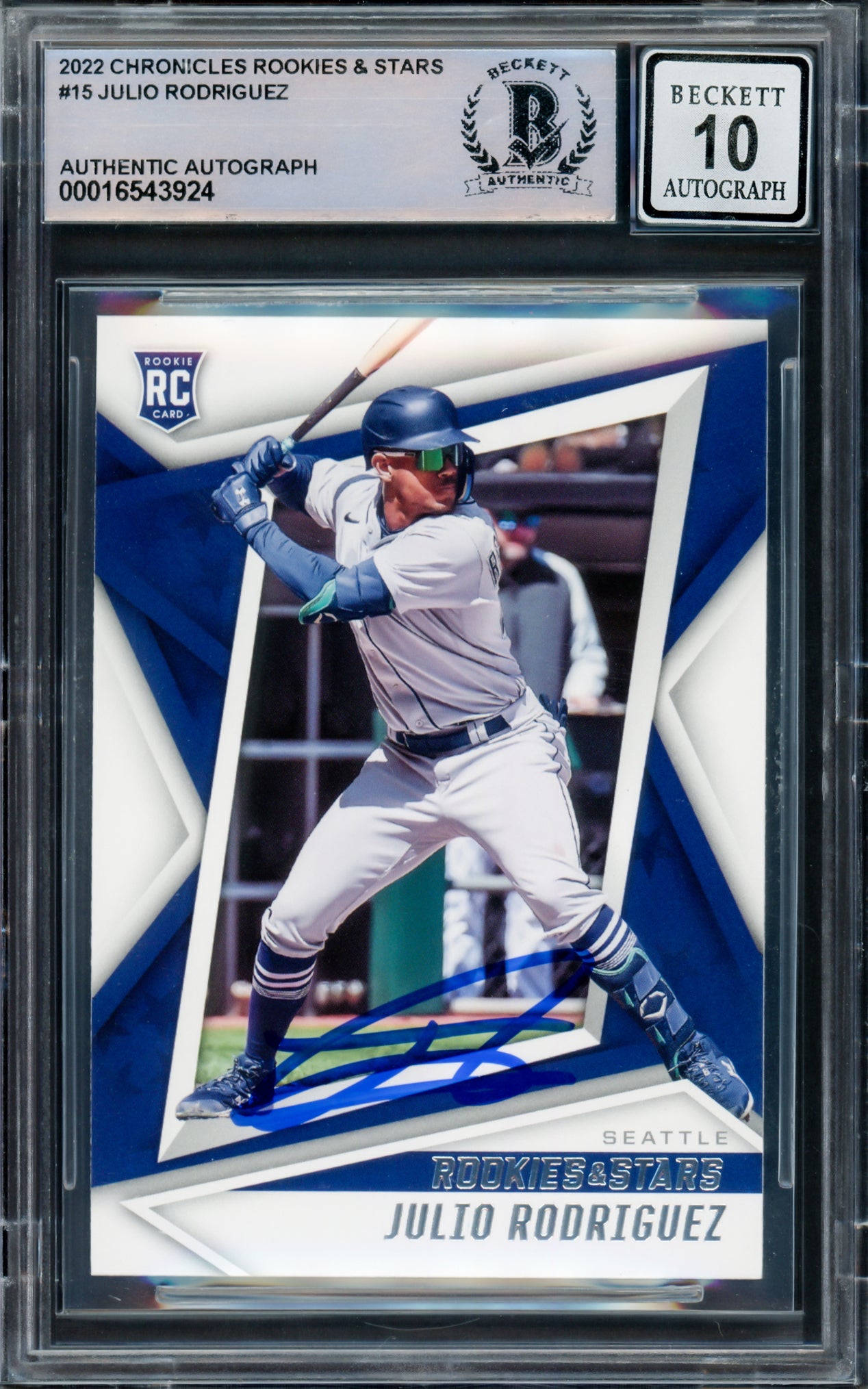 Julio Rodriguez Autographed 2022 Chronicles Rookies & Stars Rookie Card #15 Seattle Mariners Auto Grade Gem Mint 10 Beckett BAS #16543924