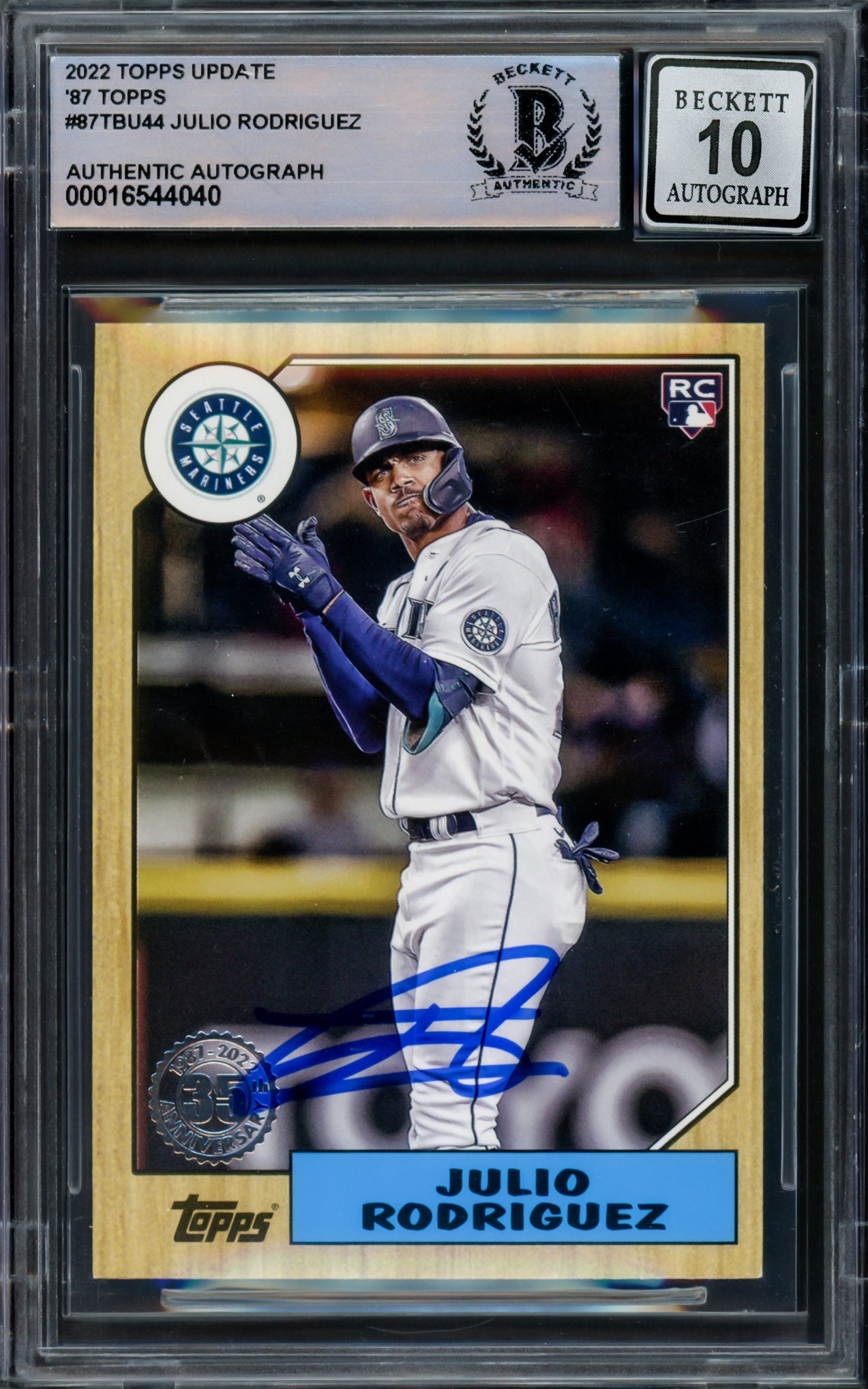 Julio Rodriguez Autographed 2022 Topps Update 35th Anniversary Rookie Card #87TBU-44 Seattle Mariners Auto Grade Gem Mint 10 Beckett BAS #16544040
