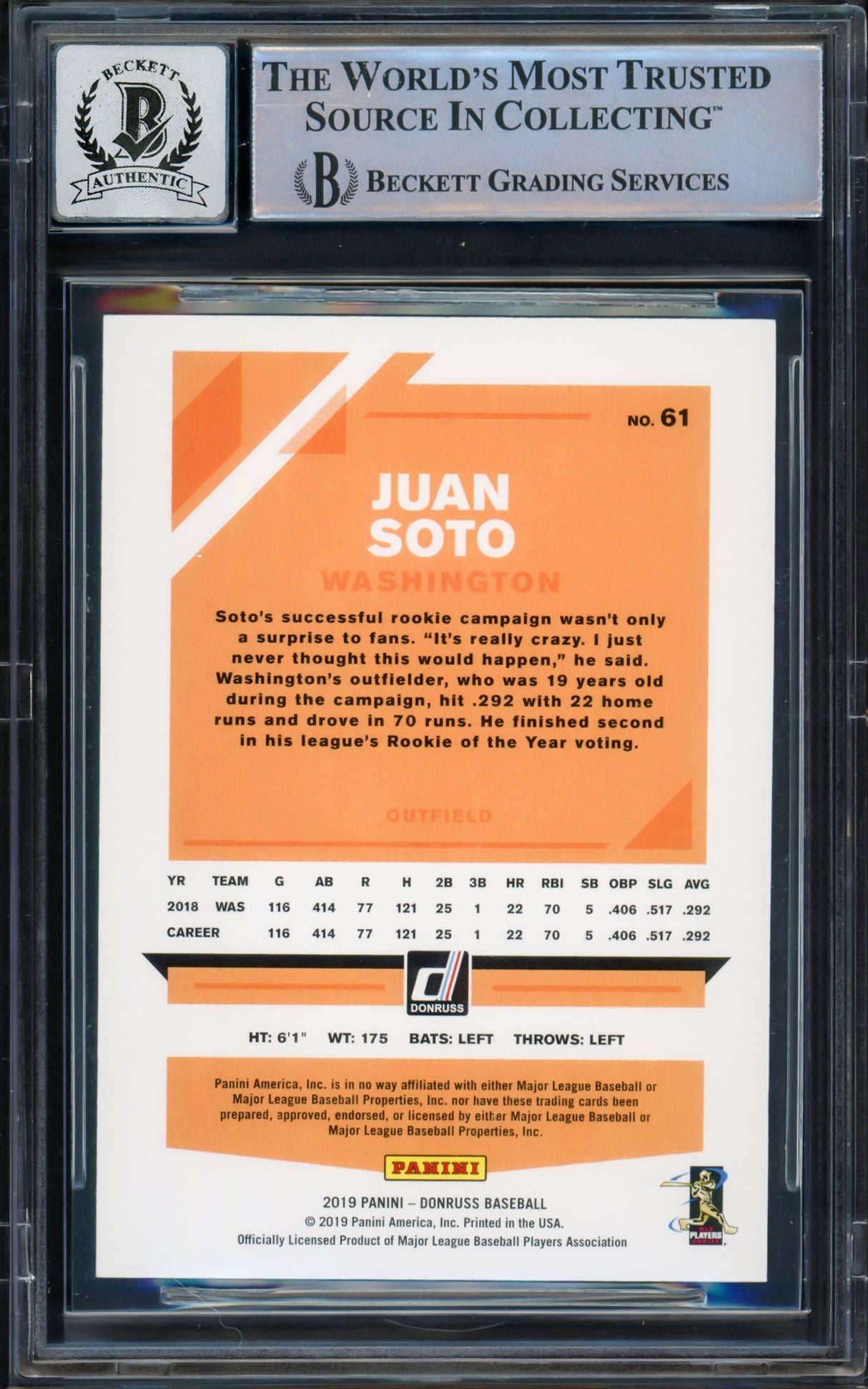Juan Soto Autographed 2019 Donruss Variation Card #61 New York Mets Auto Grade Gem Mint 10 Beckett BAS #16544362