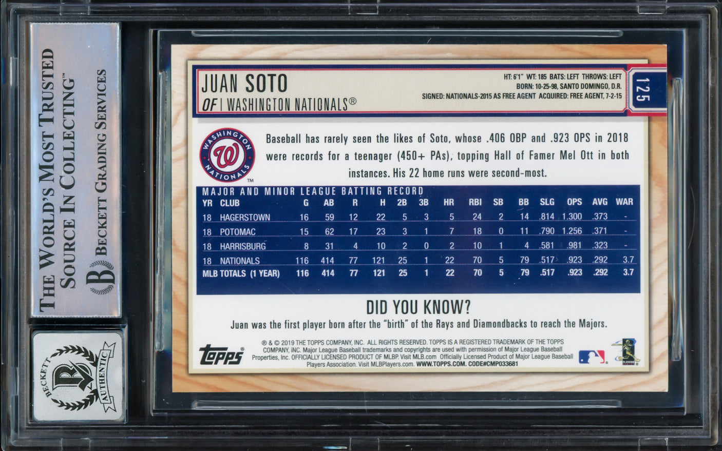 Juan Soto Autographed 2019 Topps Big League Card #125 New York Mets Auto Grade Gem Mint 10 Beckett BAS #16544366