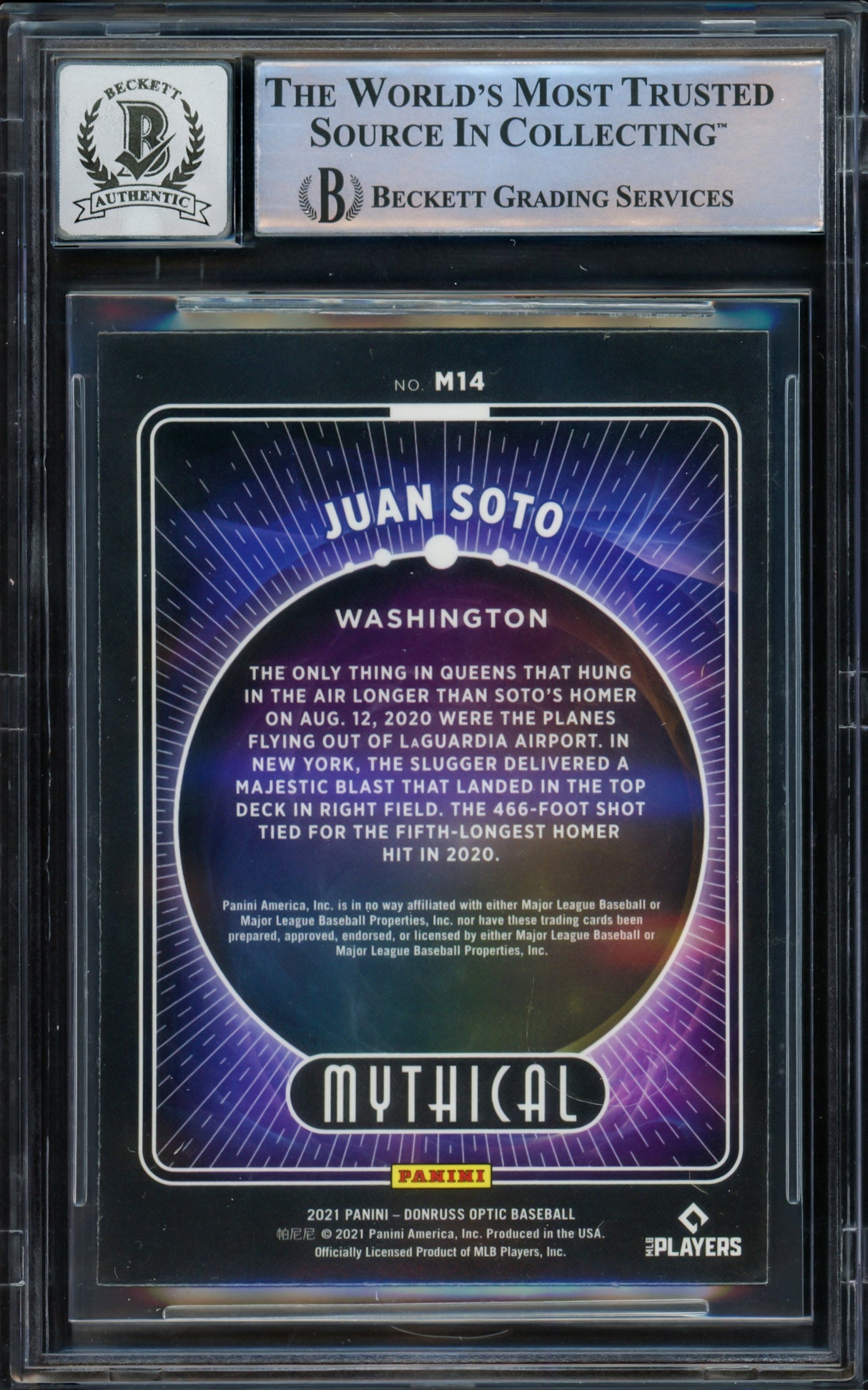 Juan Soto Autographed 2021 Donruss Optic Mythical Card #M14 New York Mets Auto Grade Gem Mint 10 Beckett BAS #16544441
