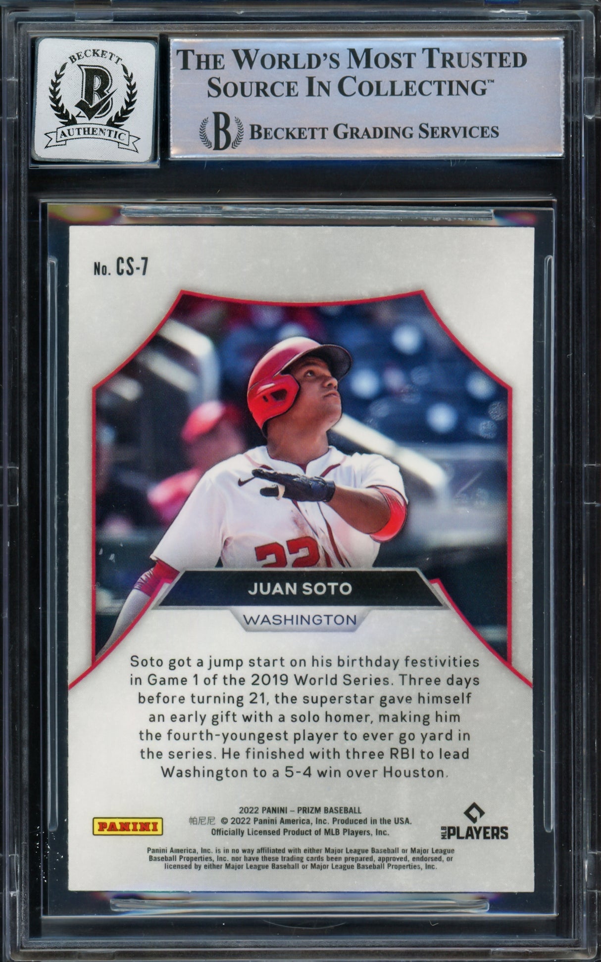 Juan Soto Autographed 2022 Prizm Championship Stage Card #CS-7 New York Mets Auto Grade Gem Mint 10 Beckett BAS #16544610