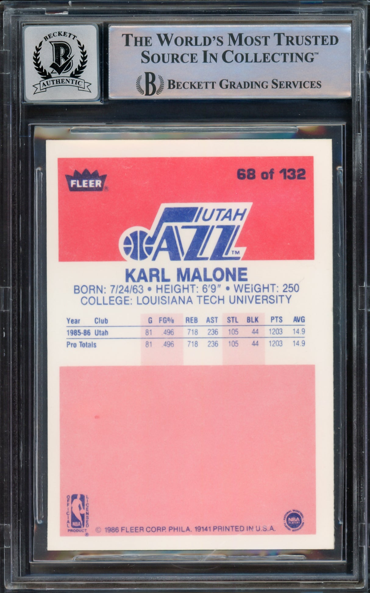 Karl Malone Autographed 1986 Fleer Rookie Card #68 Utah Jazz Auto Grade Gem Mint 10 Beckett BAS #15333062
