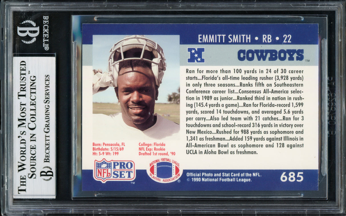 Emmitt Smith Autographed 1990 Pro Set Rookie Card #685 Dallas Cowboys Beckett BAS #14058930