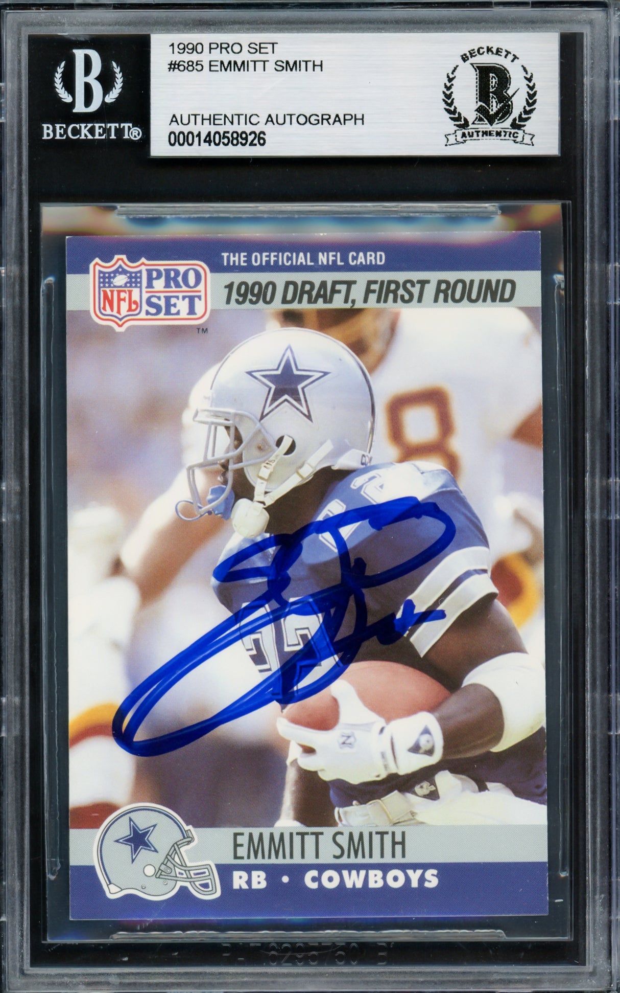 Emmitt Smith Autographed 1990 Pro Set Rookie Card #685 Dallas Cowboys Beckett BAS #14058926