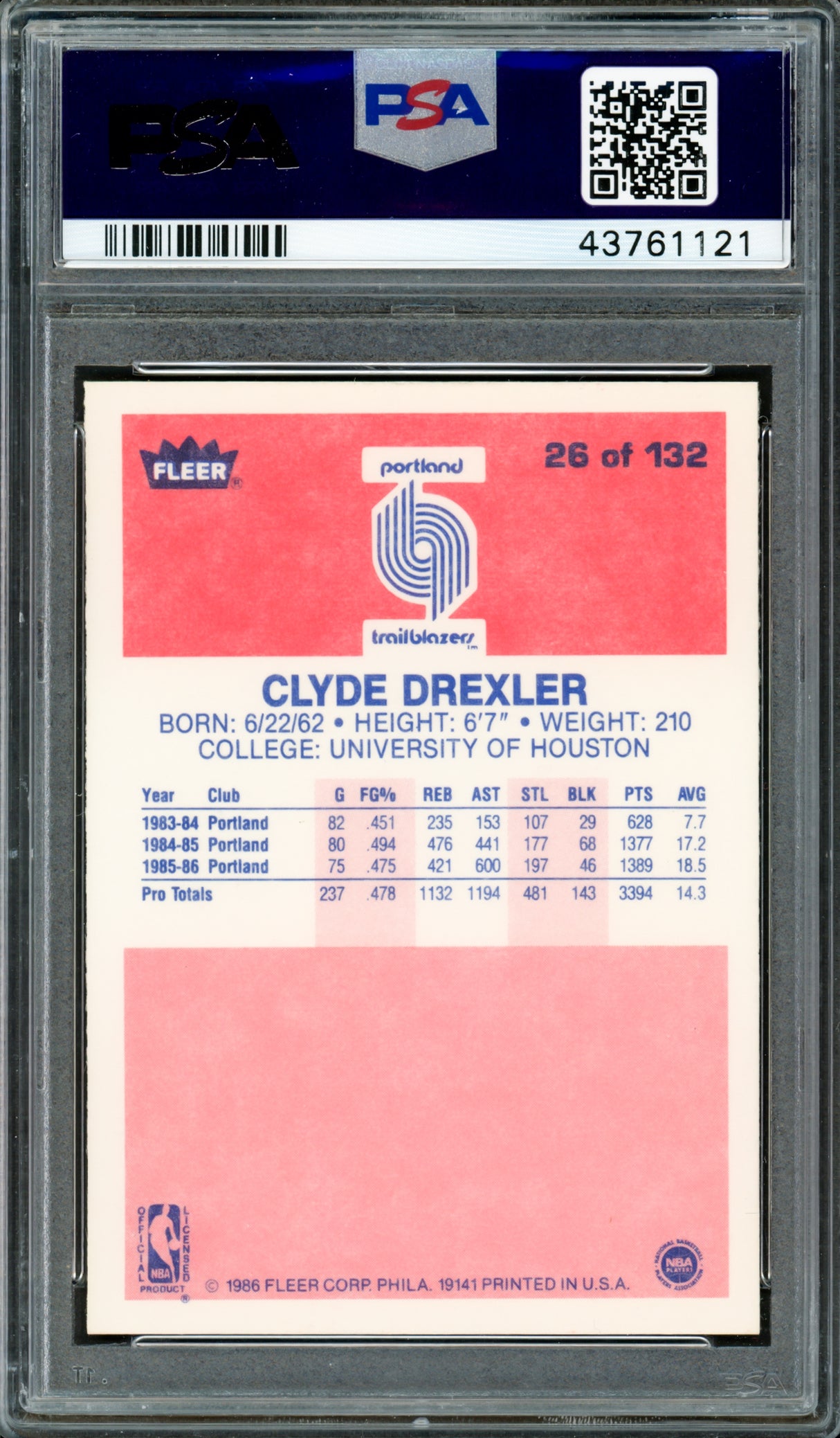 Clyde Drexler Autographed 1986 Fleer Rookie Card #26 Portland Trail Blazers PSA/DNA #43761121