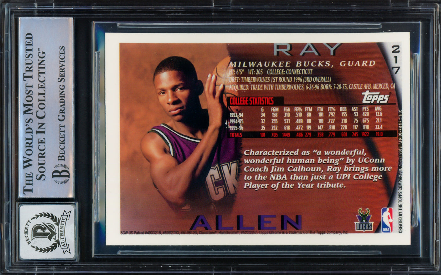 Ray Allen Autographed 1996 Topps Chrome Rookie Card #217 Milwaukee Bucks Auto Grade Gem Mint 10 Beckett BAS #16541790