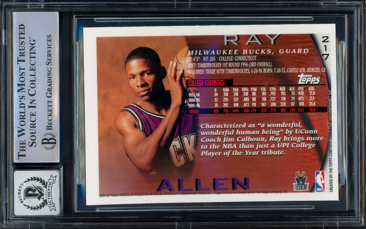 Ray Allen Autographed 1996 Topps Chrome Rookie Card #217 Milwaukee Bucks Auto Grade Gem Mint 10 Beckett BAS #16541789