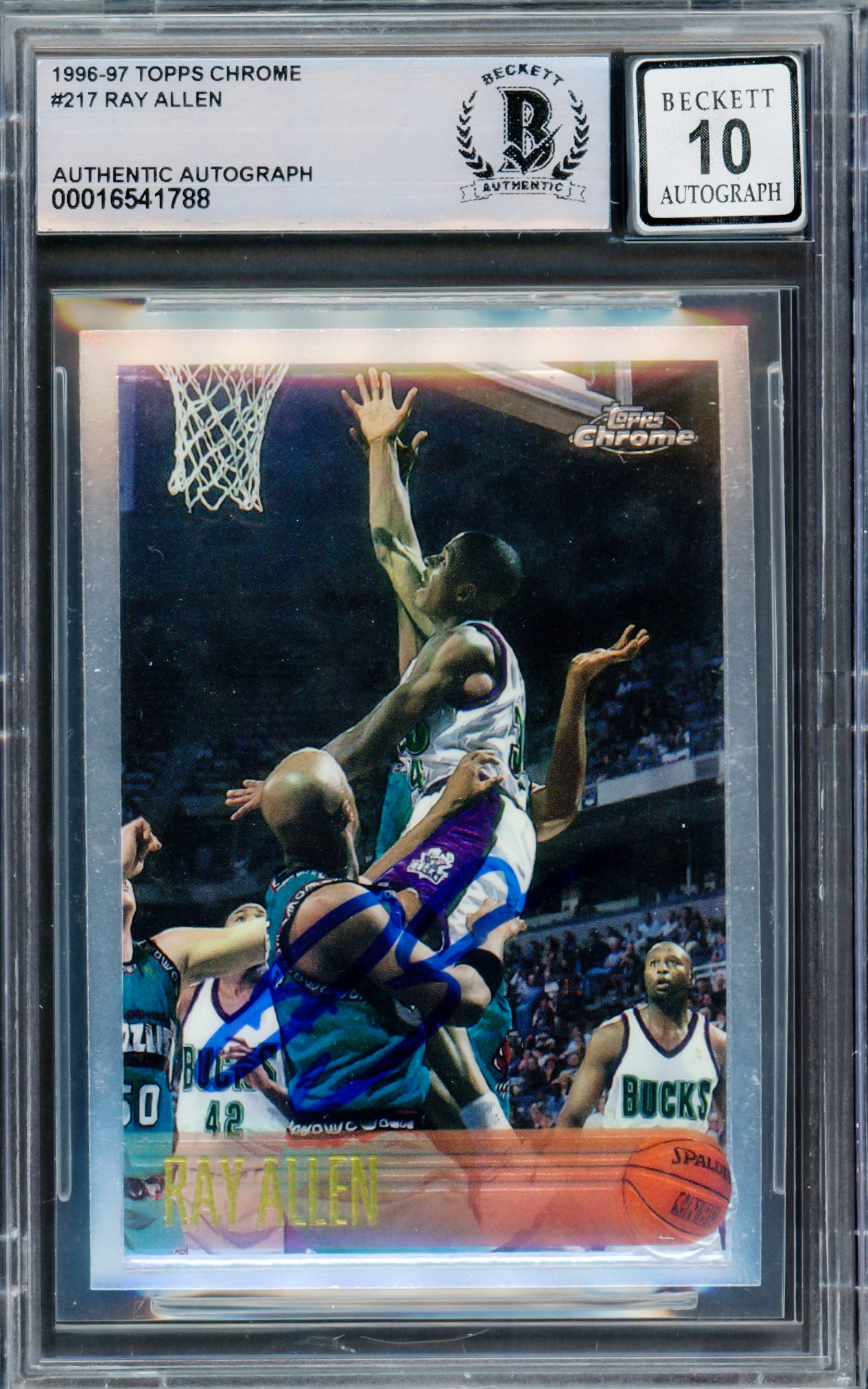 Ray Allen Autographed 1996 Topps Chrome Rookie Card #217 Milwaukee Bucks Auto Grade Gem Mint 10 Beckett BAS #16541788