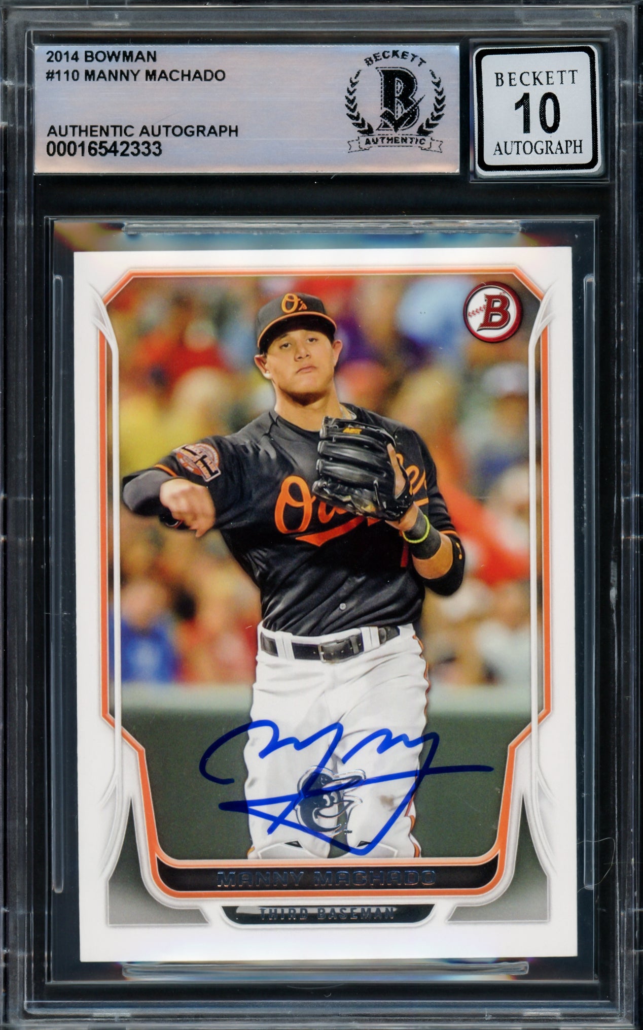 Manny Machado Autographed 2014 Bowman Card #110 Baltimore Orioles Auto Grade Gem Mint 10 Beckett BAS #16542333