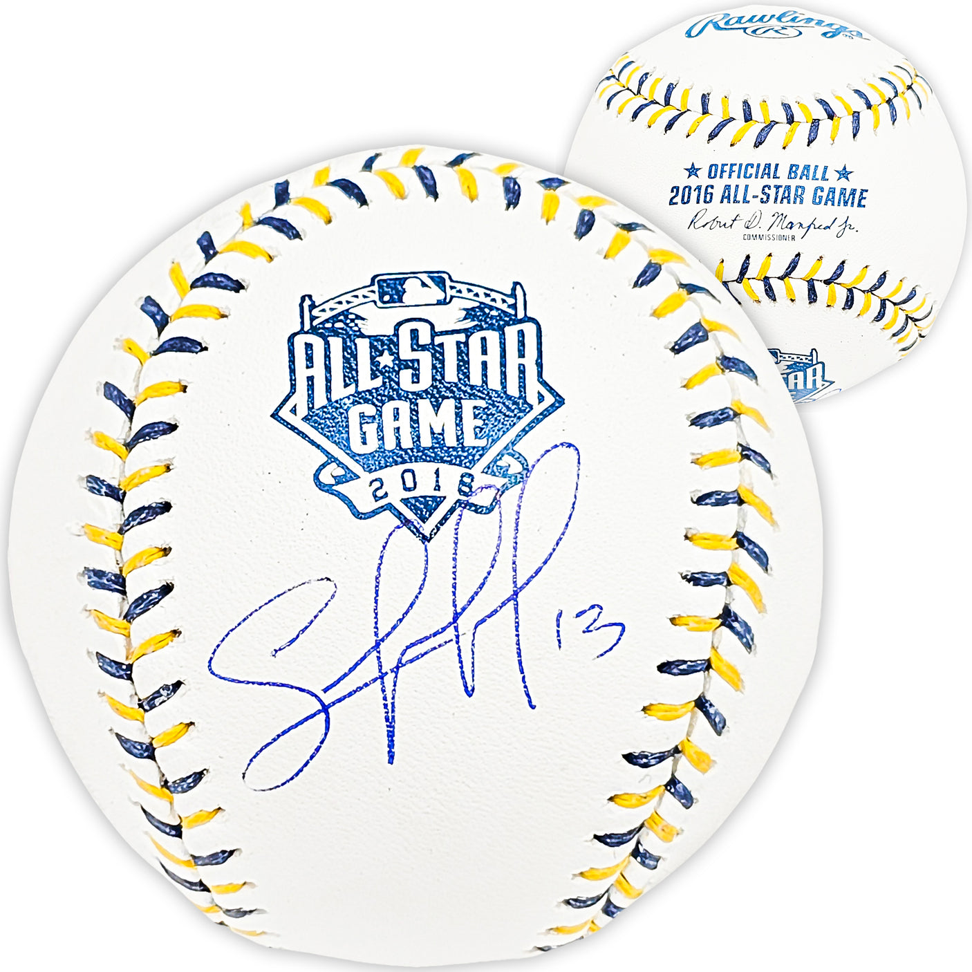 Salvador Perez Autographed Official 2016 All Star Game Logo Game Baseball Kansas City Royals Beckett BAS Witness Stock #216042