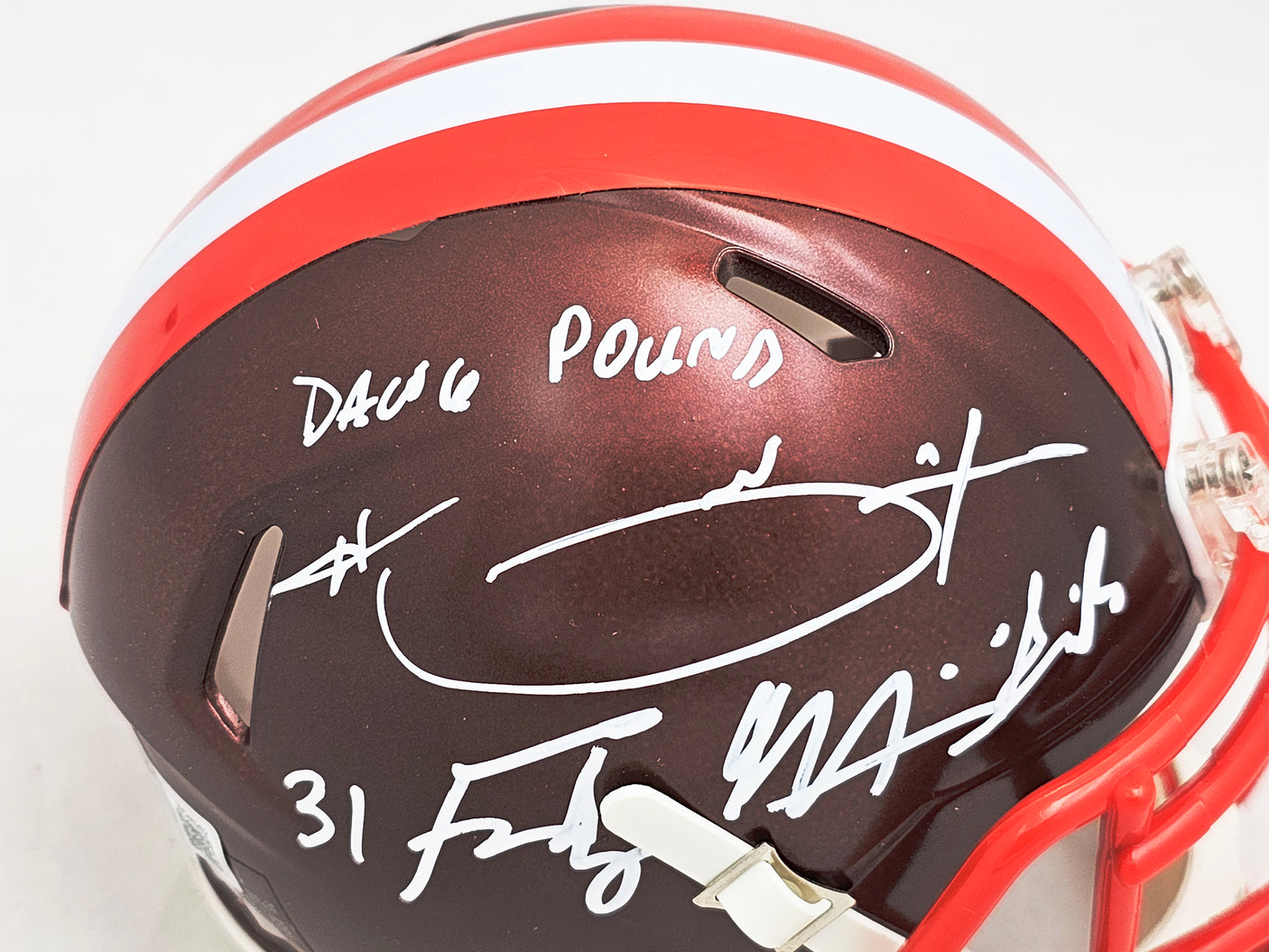 Hanford Dixon & Frank Minnifield Autographed Cleveland Browns Flash Brown Speed Mini Helmet "Dawg Pound" Beckett BAS Witness Stock #216720