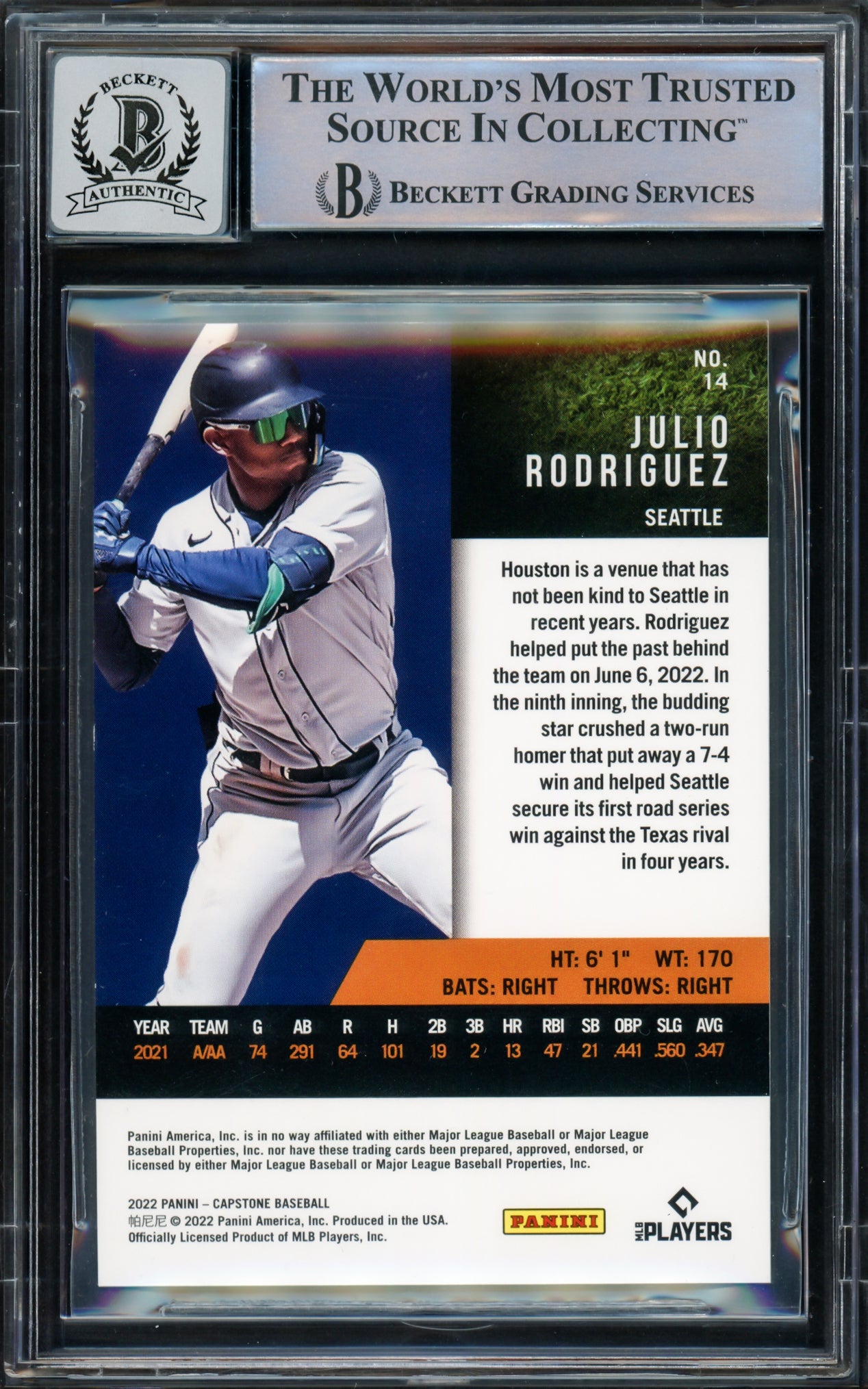 Julio Rodriguez Autographed 2022 Panini Capstone Rookie Card #14 Seattle Mariners Auto Grade Gem Mint 10 Beckett BAS Stock #216653