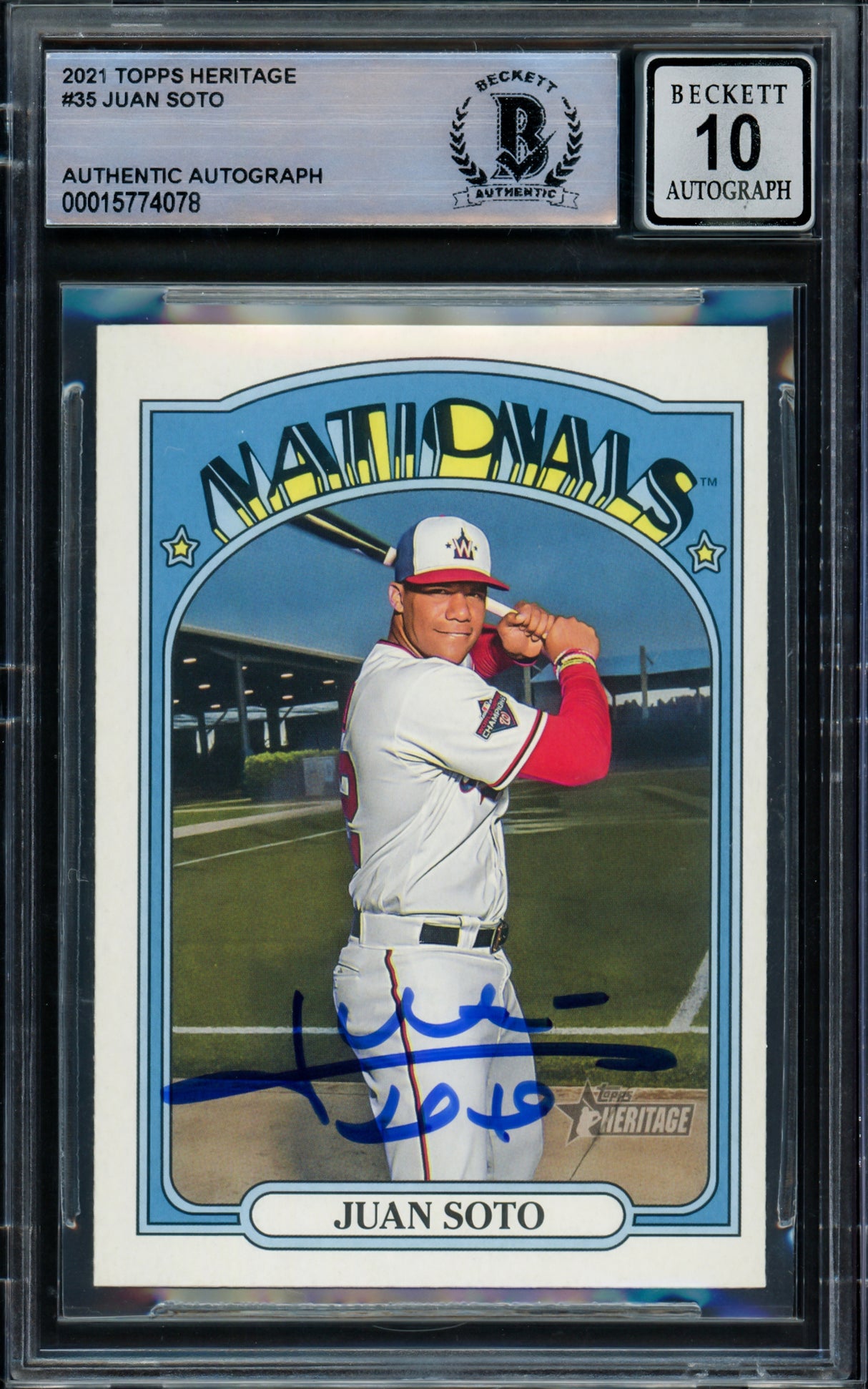 Juan Soto Autographed 2021 Topps Heritage Card #35 New York Mets Auto Grade Gem Mint 10 Beckett BAS Stock #216660