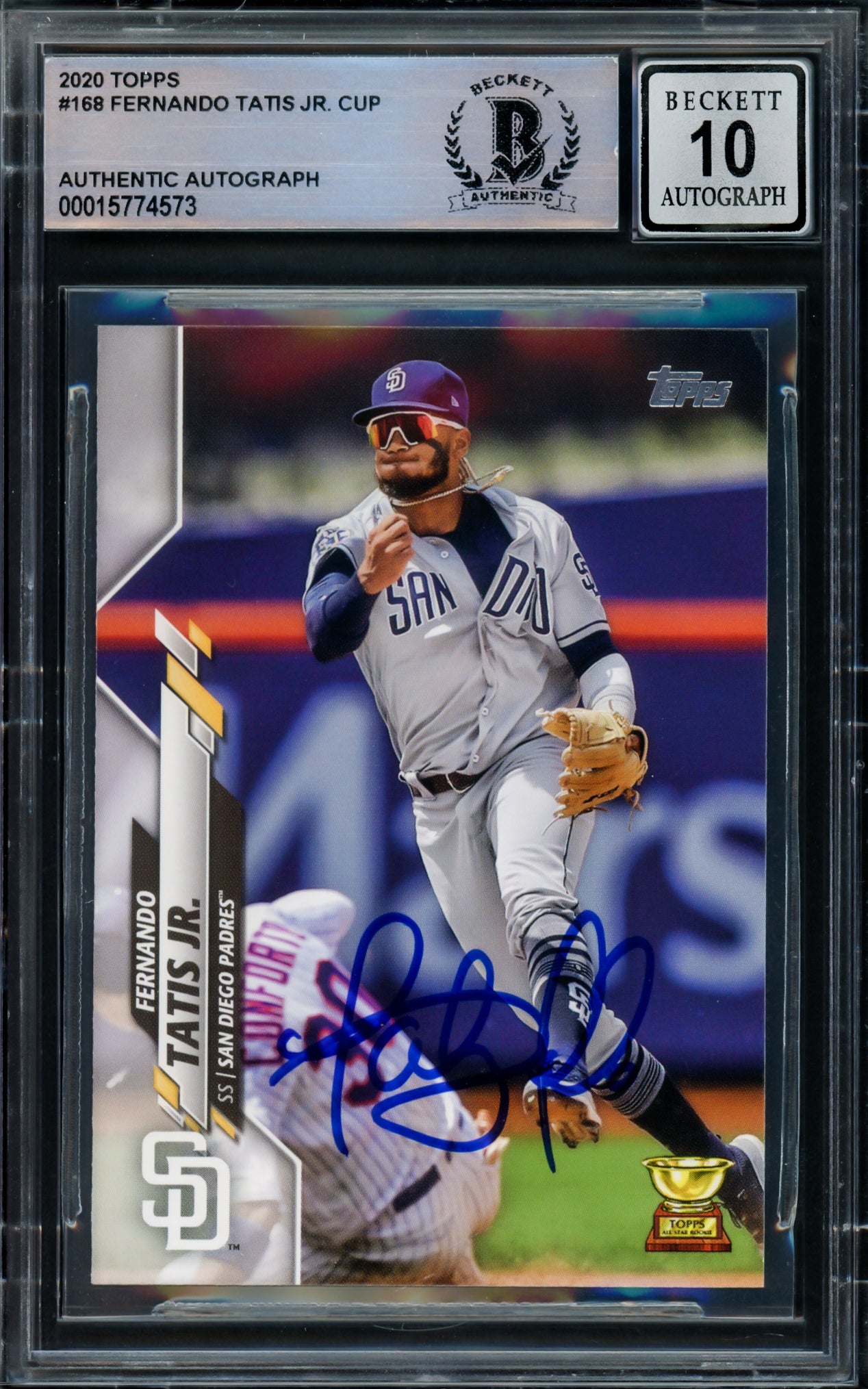 Fernando Tatis Jr. Autographed 2020 Topps Card #168 San Diego Padres Auto Grade Gem Mint 10 Beckett BAS Stock #216665