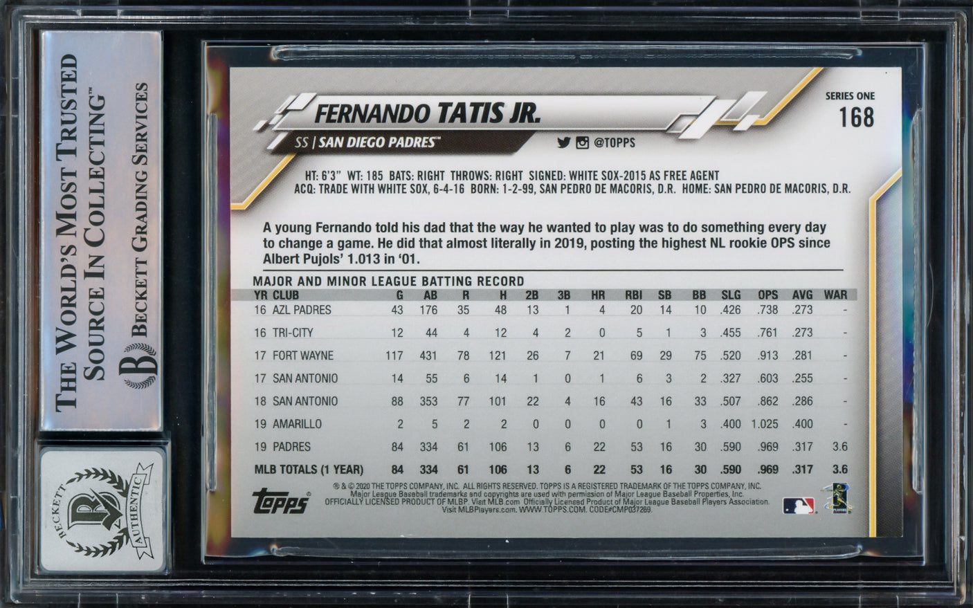 Fernando Tatis Jr. Autographed 2020 Topps Card #168 San Diego Padres Auto Grade Gem Mint 10 Beckett BAS Stock #216665