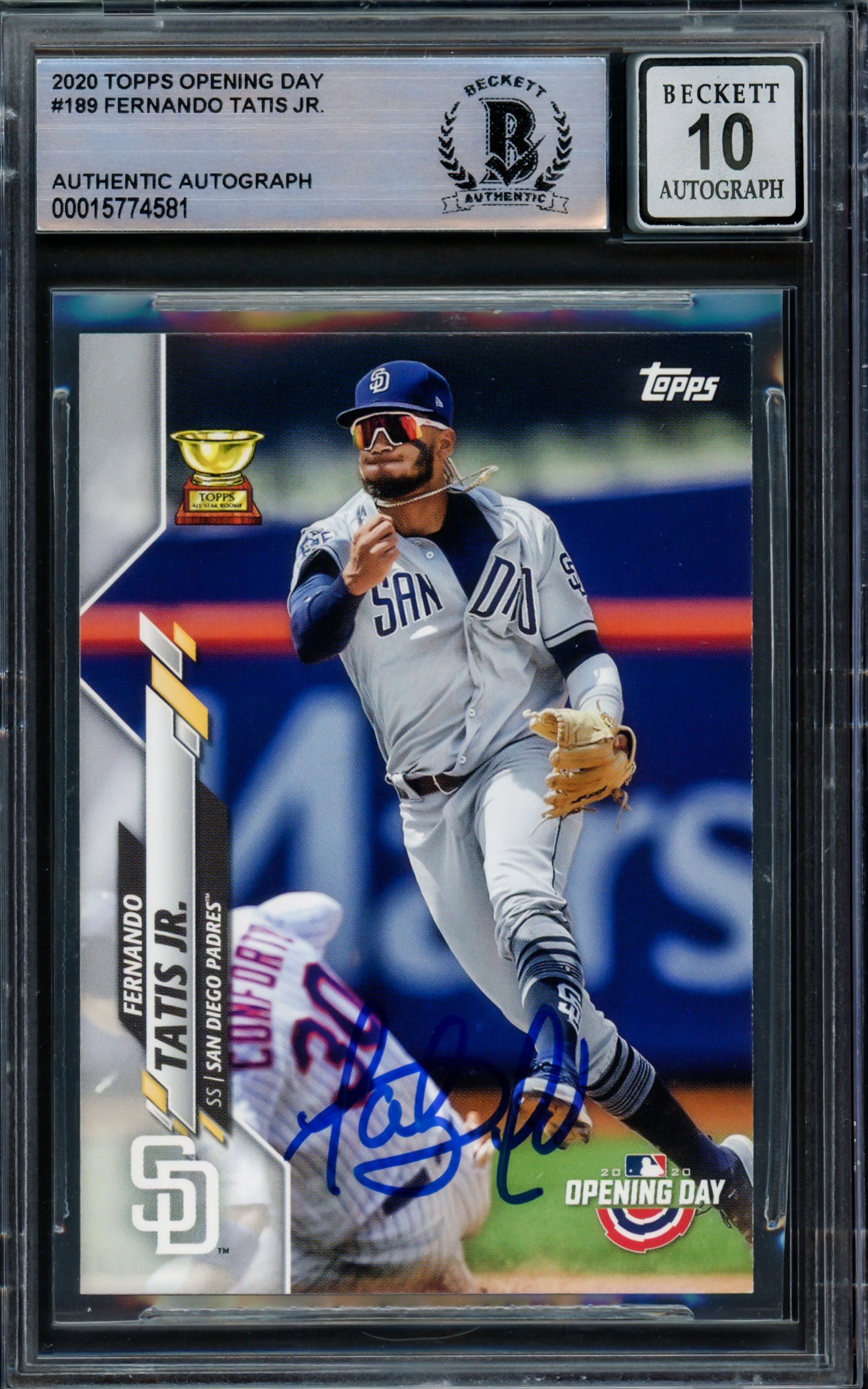 Fernando Tatis Jr. Autographed 2020 Topps Opening Day Card #189 San Diego Padres Auto Grade Gem Mint 10 Beckett BAS Stock #216666