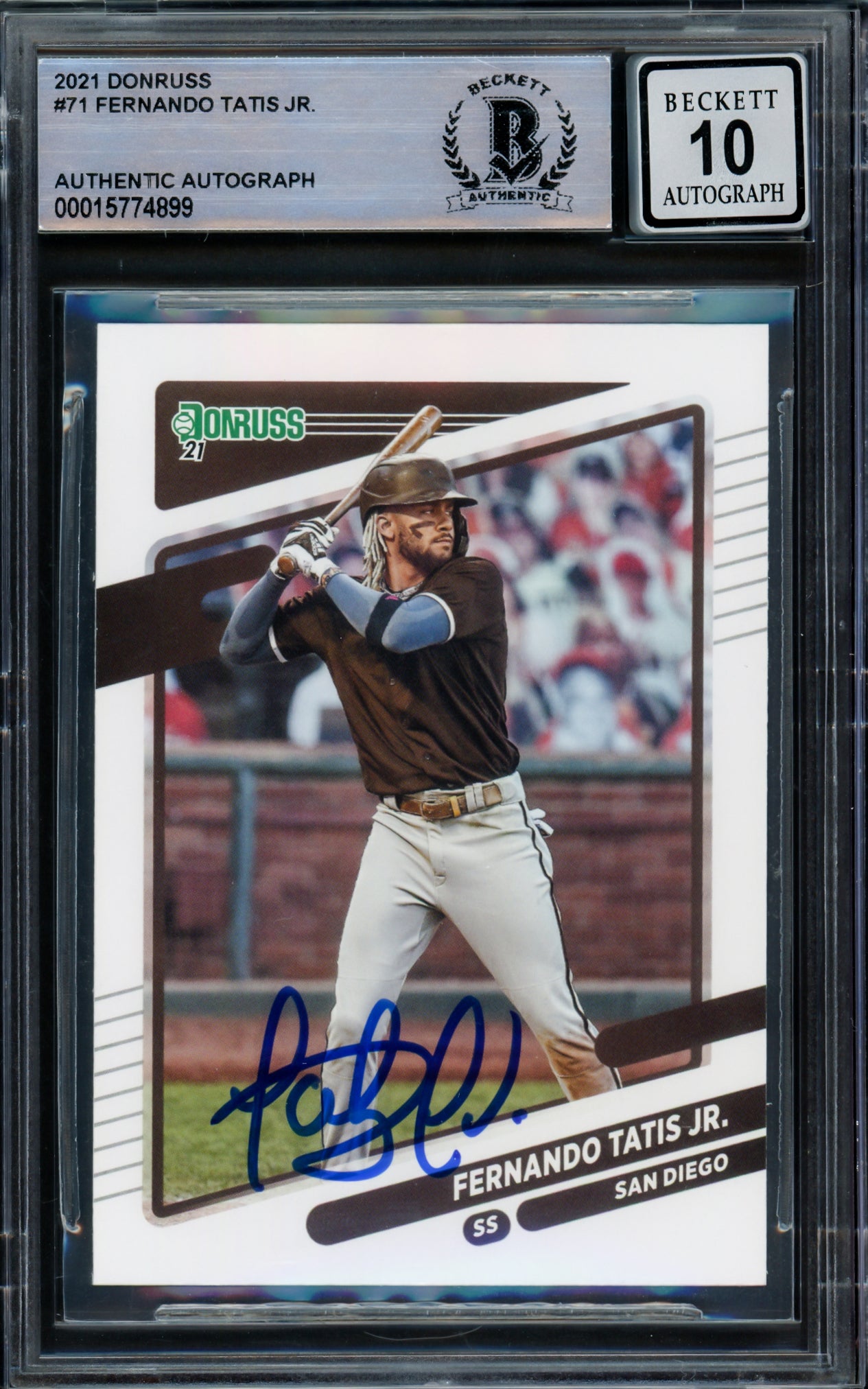 Fernando Tatis Jr. Autographed 2021 Donruss Card #71 San Diego Padres Auto Grade Gem Mint 10 Beckett BAS Stock #216670