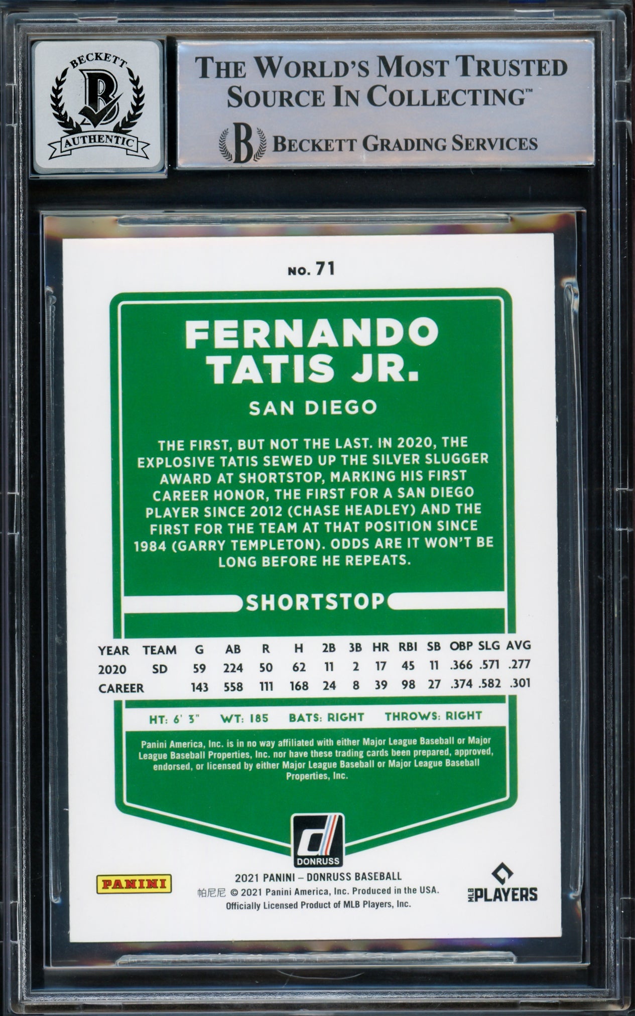 Fernando Tatis Jr. Autographed 2021 Donruss Card #71 San Diego Padres Auto Grade Gem Mint 10 Beckett BAS Stock #216670