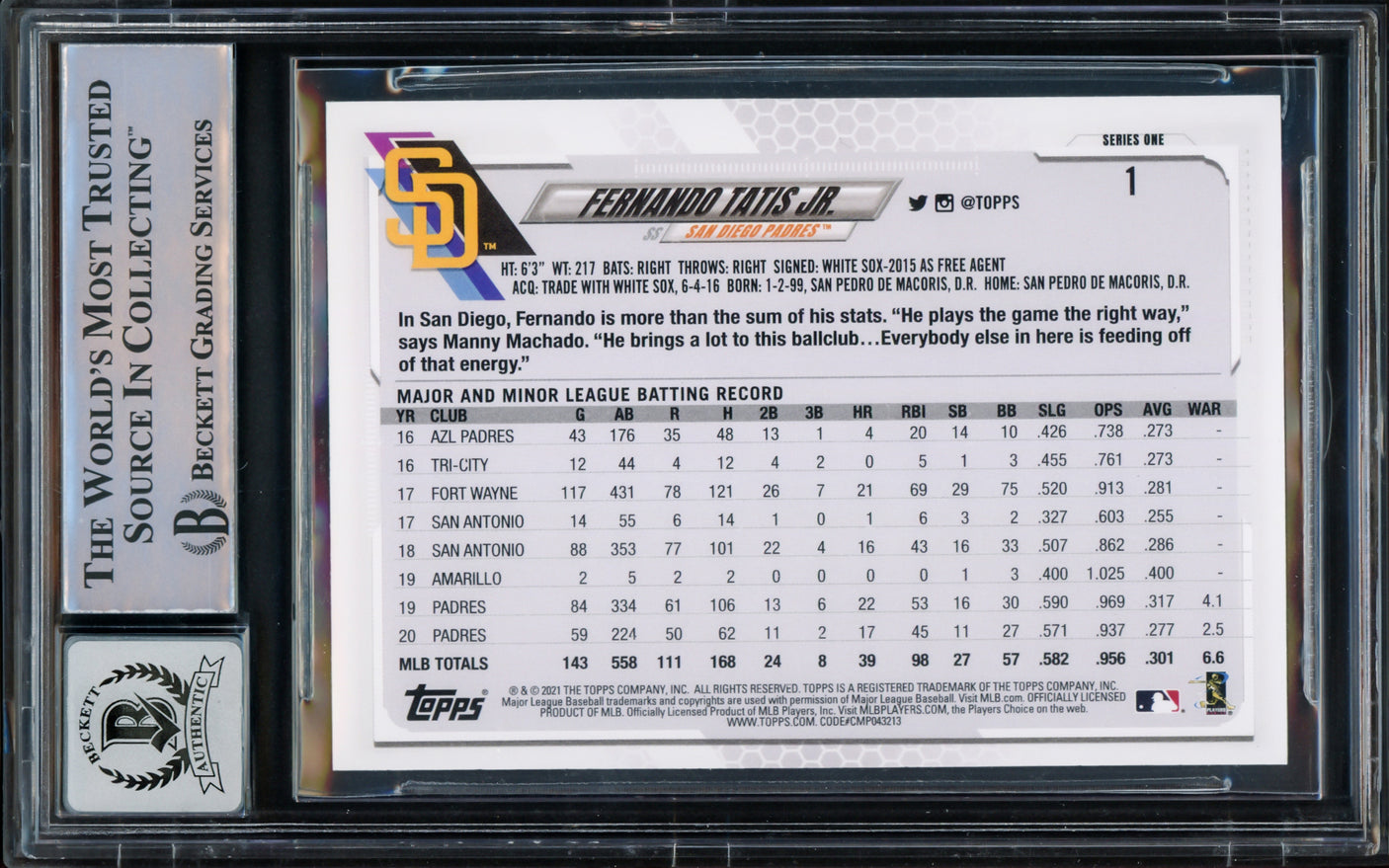 Fernando Tatis Jr. Autographed 2021 Topps Card #1 San Diego Padres Auto Grade Gem Mint 10 Beckett BAS Stock #216671