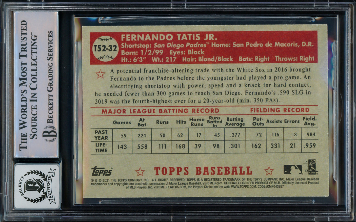 Fernando Tatis Jr. Autographed 2021 Topps 1952 Redux Card #T52-32 San Diego Padres Auto Grade Gem Mint 10 Beckett BAS Stock #216673
