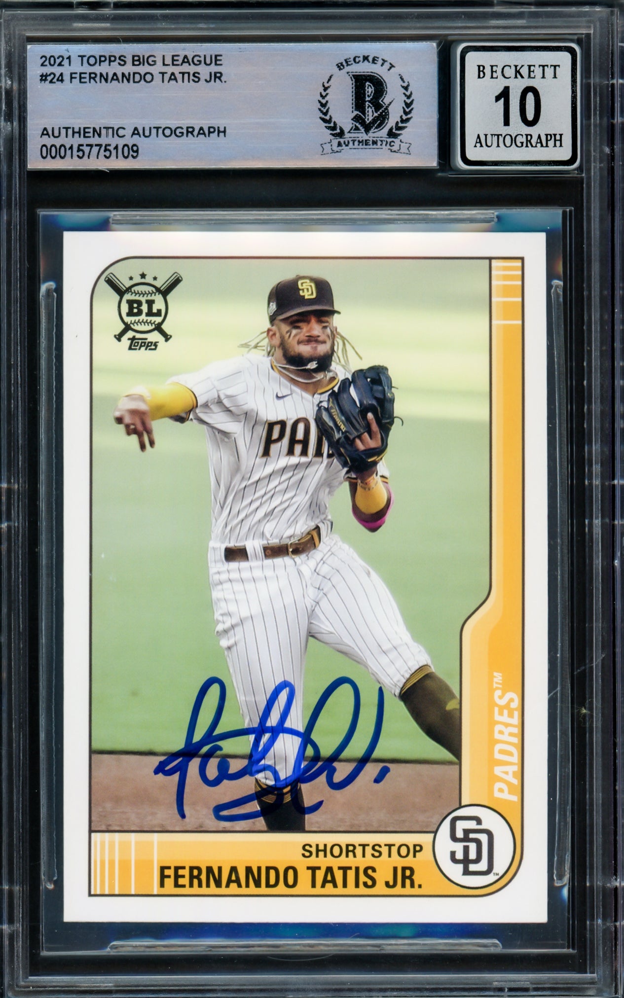 Fernando Tatis Jr. Autographed 2021 Topps Big League Card #24 San Diego Padres Auto Grade Gem Mint 10 Beckett BAS Stock #216674