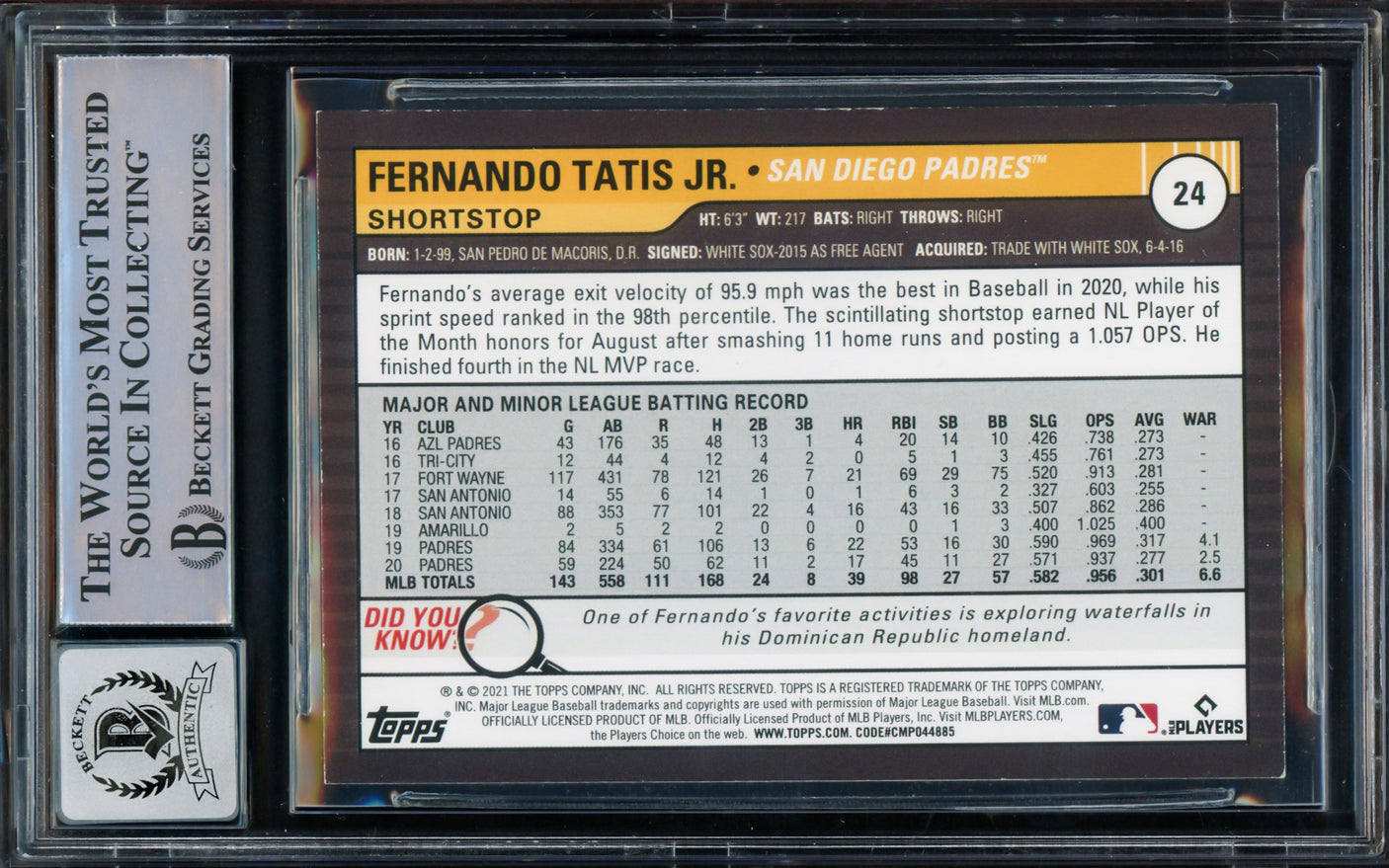 Fernando Tatis Jr. Autographed 2021 Topps Big League Card #24 San Diego Padres Auto Grade Gem Mint 10 Beckett BAS Stock #216674