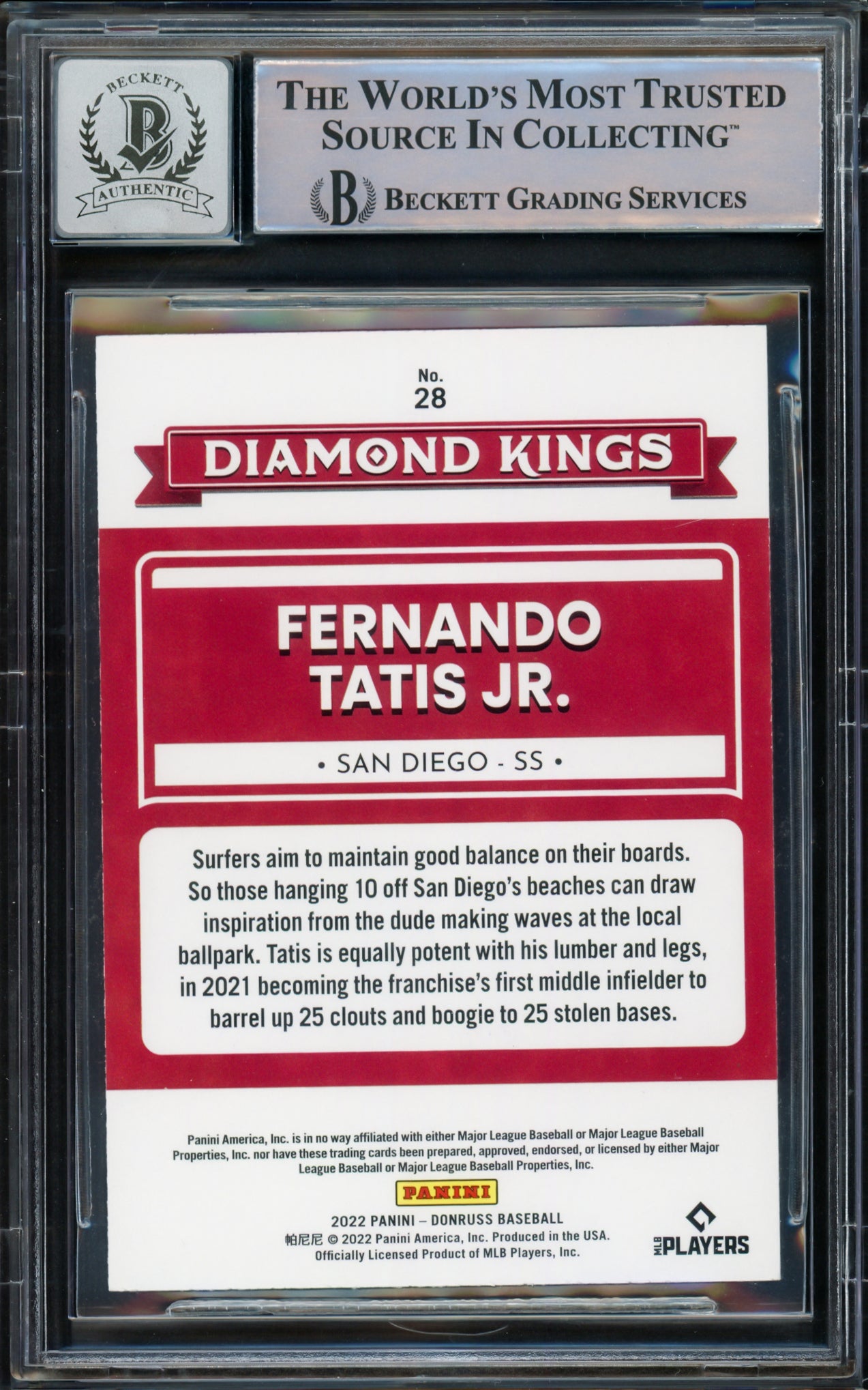 Fernando Tatis Jr. Autographed 2022 Donruss Diamond Kings Card #28 San Diego Padres Auto Grade Gem Mint 10 Beckett BAS Stock #216679